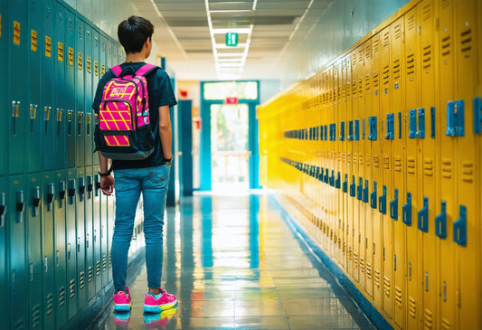 Teen rocking a vibrant Geometry Dash backpack in a colorful school hallway – level up your style
