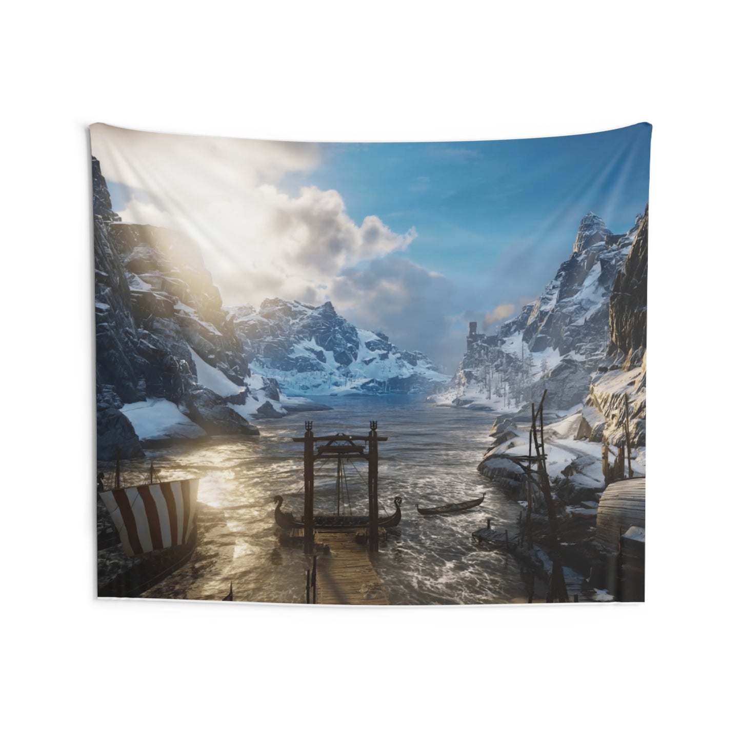Viking Fjord Tapestry — Nordic Mountain Harbor Wall Art