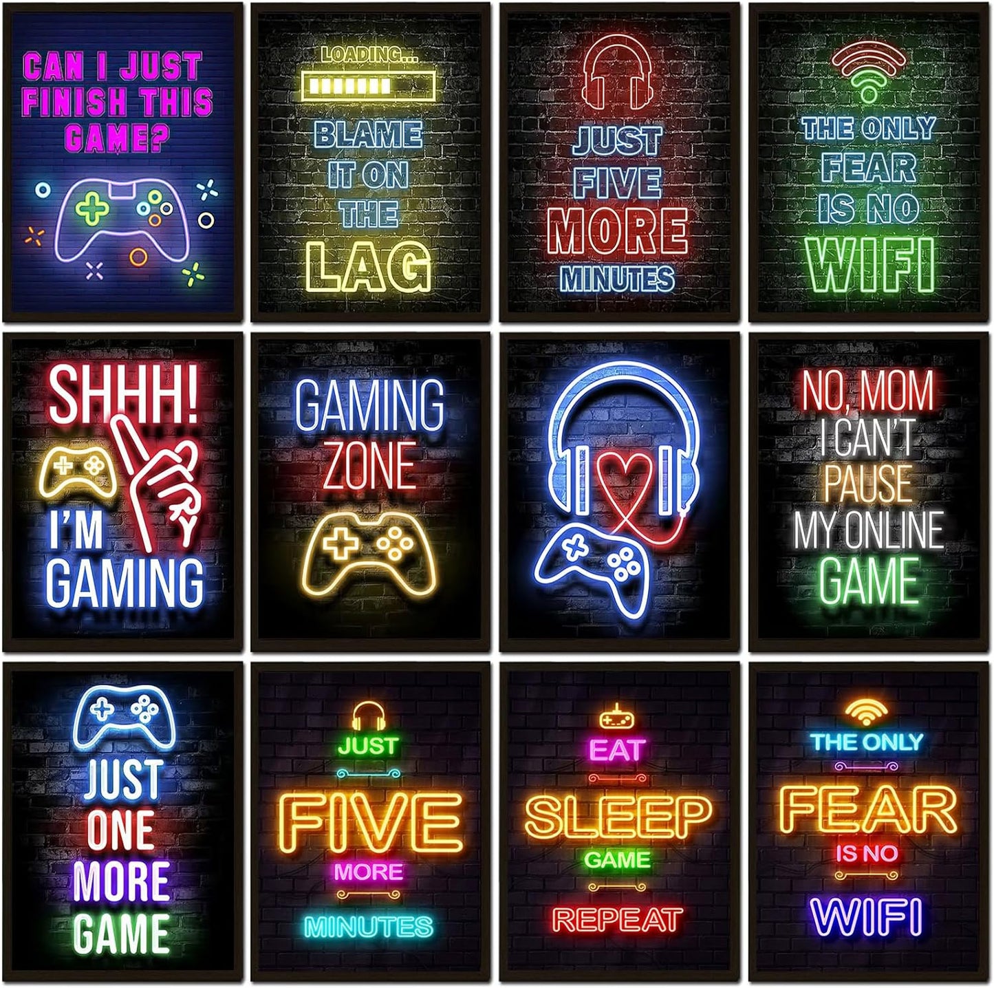 Vibrant 12PCS Neon Gaming Posters for Ultimate Gaming Room Decor