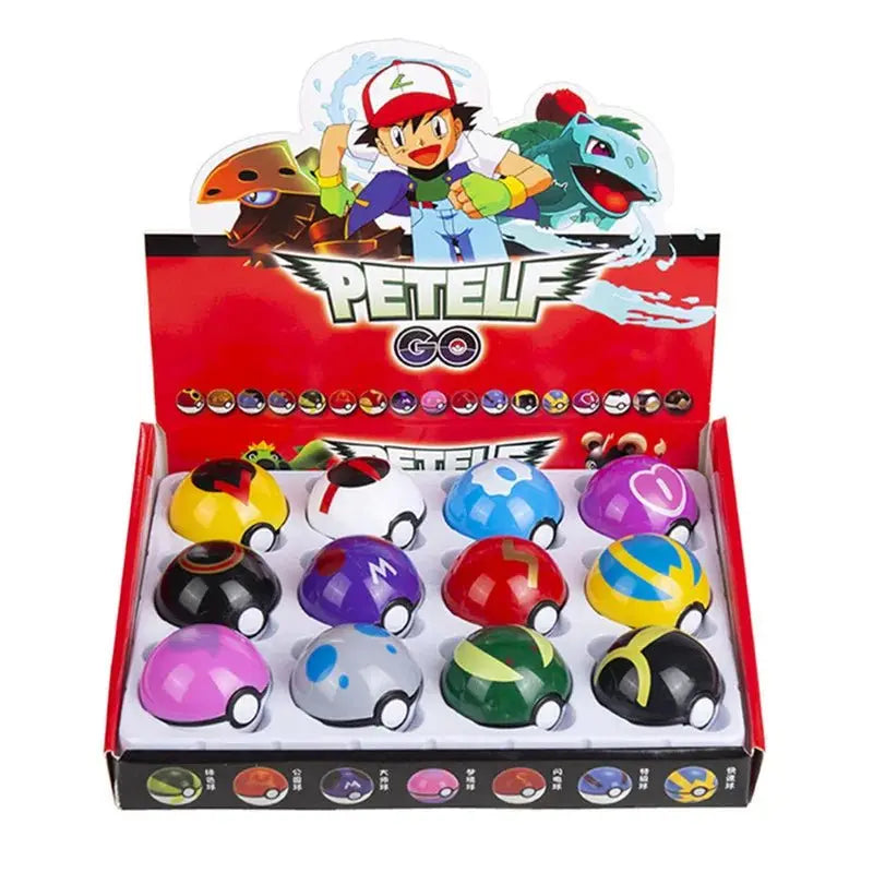 Display box of colorful 12Pcs Pokeball Model Anime figures from Pokémon Pikachu Pocket