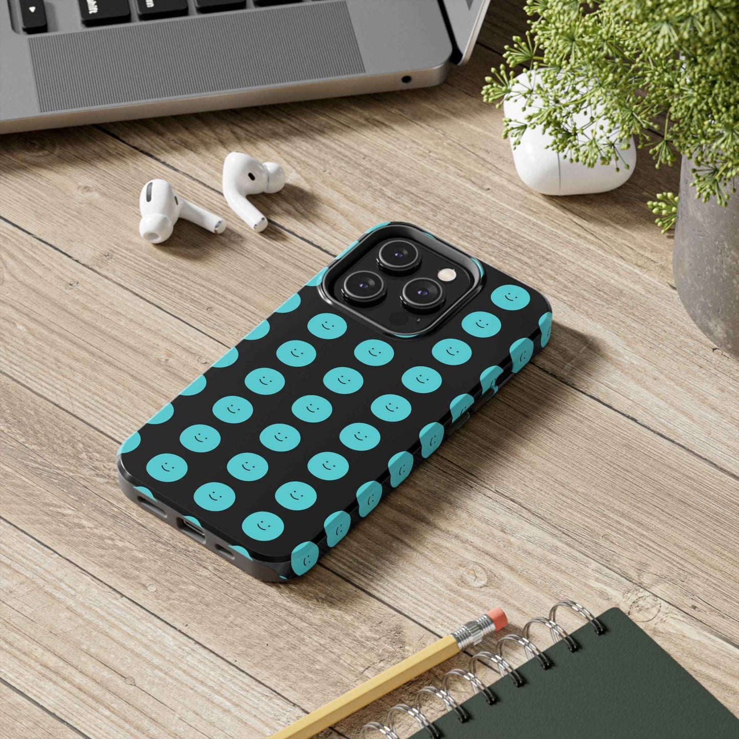 Blue Smiley Face Phone Case - Durable Tough Protective Cover, Strong Impact-Resistant Emoji Design iPhone 14 Pro Phone Case