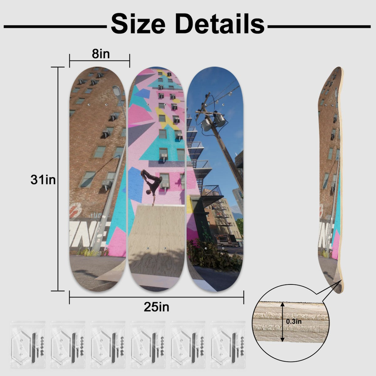 3-Panel Maple Wood Skateboard Wall Art - Made in USA, 31x25 Inch Gaming Room Decor