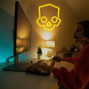 Skull Neon Sign – Yellow LED Neon Lights for Game Room Decor & Man Cave Lighting Home Decor