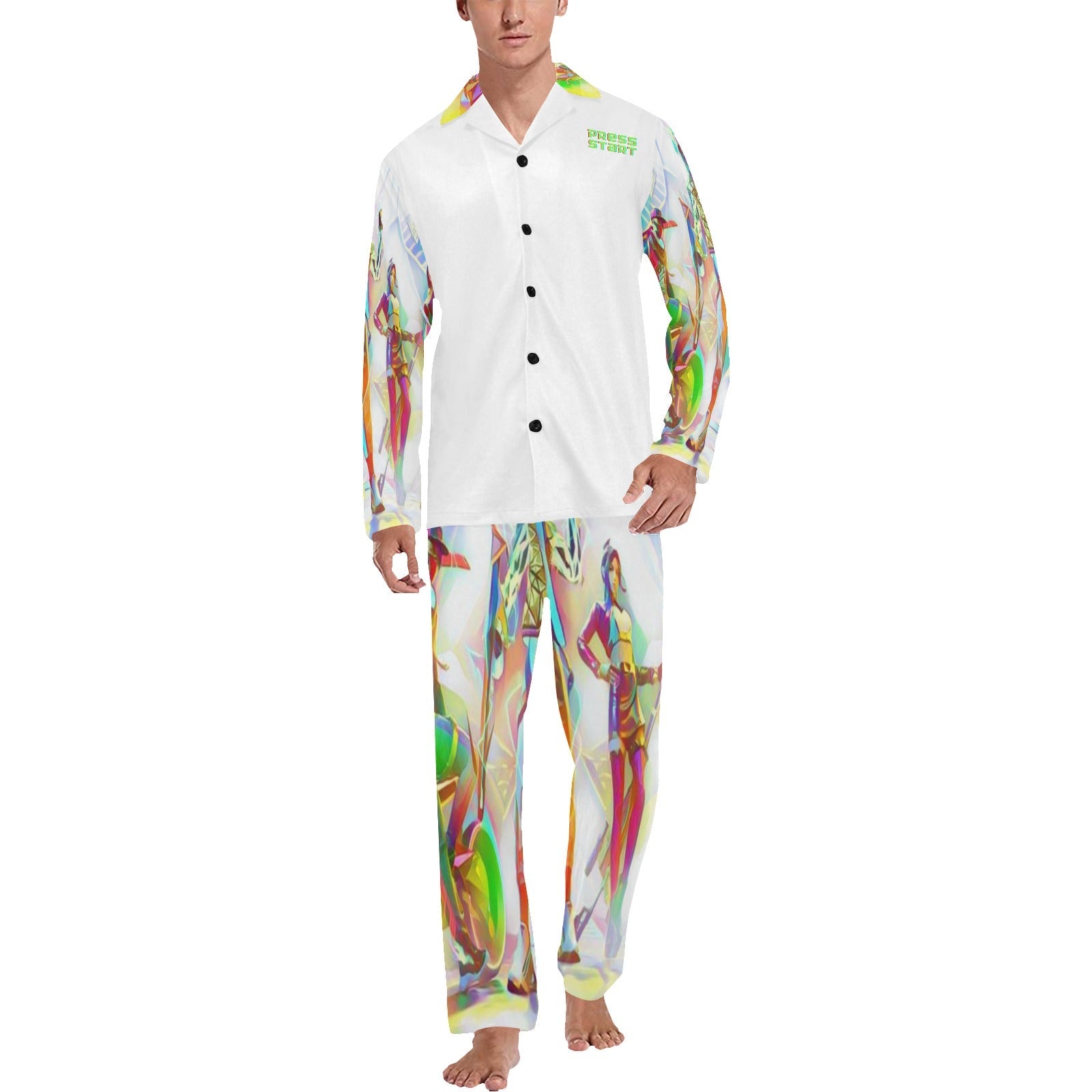 Men's V-Neck Long Pajama Set White