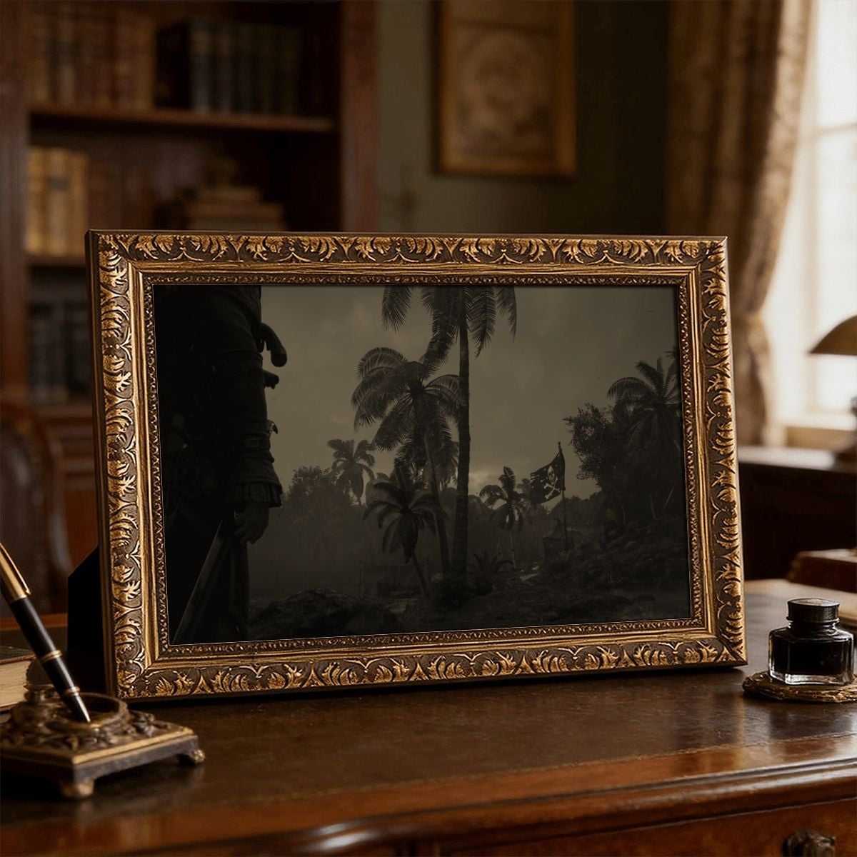 Edward Kenway Pirate Flag Vintage Gold Framed Canvas Wall Art - Made in USA