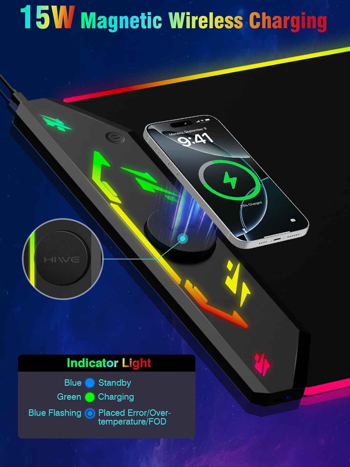 Gaming Mouse Pad, Magnetic Wireless Charging Mouse Pad Gaming, 35"x15.8" Large RGB Desk Mat for Laptop/Keyboard, 24 Light Effects, Non-Slip Base, Waterproof Ultra-Smooth Surface, with Adapter, Black