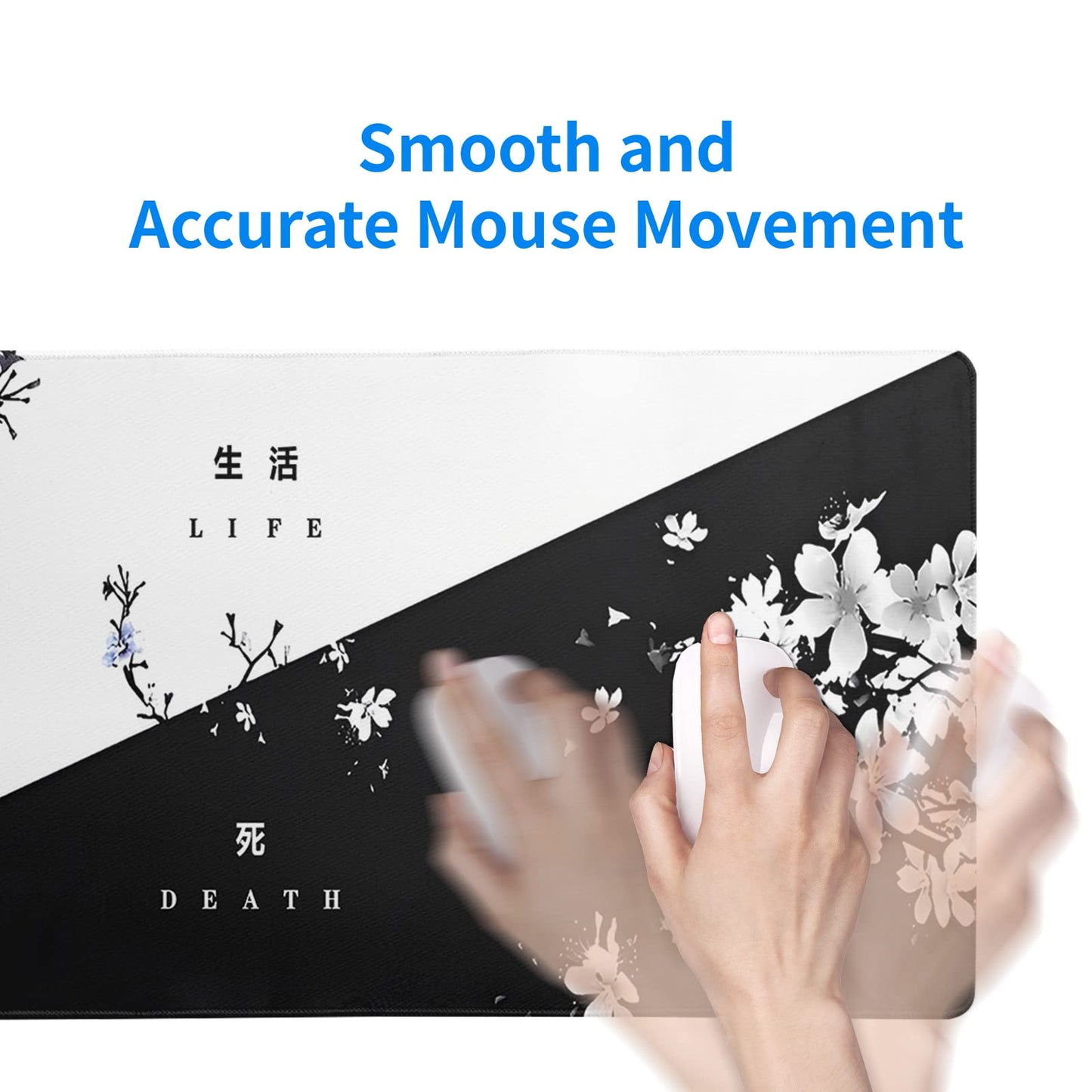 Japanese Gaming Mouse Pad Abstract Black Mouse Pad 31.5x11.8 Inch Black Sea Wave Texture Non-Slip Rubber Base Large Ocean Mousepad Stitched Edges Keyboard Mouse Mat Desk Pad for Office and Home