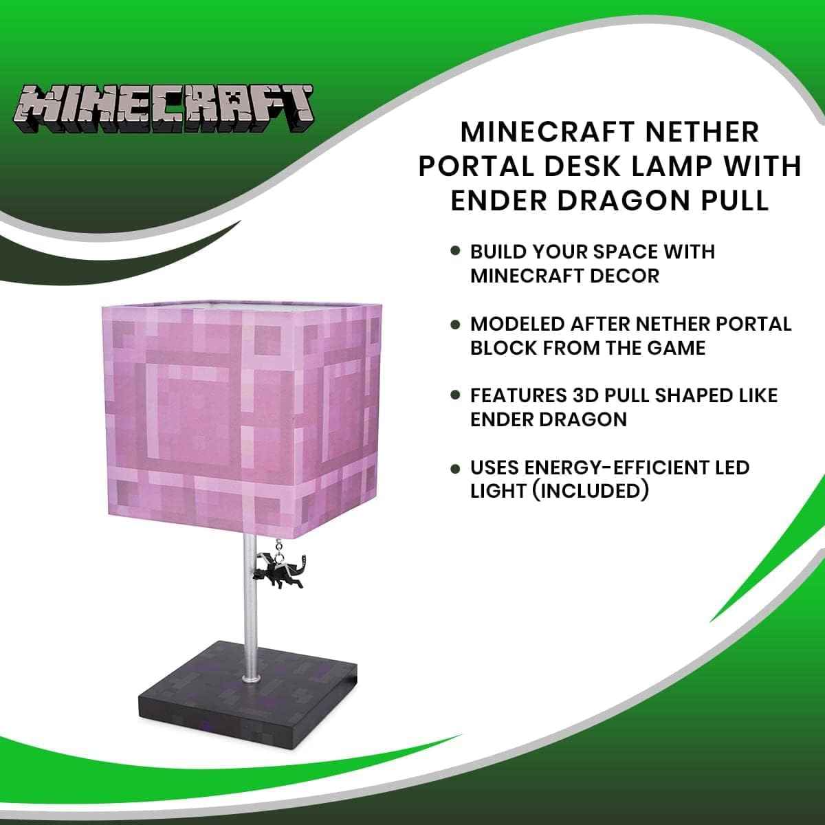 Minecraft Nether Portal Desk Lamp with Ender Dragon Pull | Nightstand Table Lamp with LED Mood Light for Bedroom, Desk, Living Room, Playroom | Home Decor Kids Room Essentials | Video Game Gifts