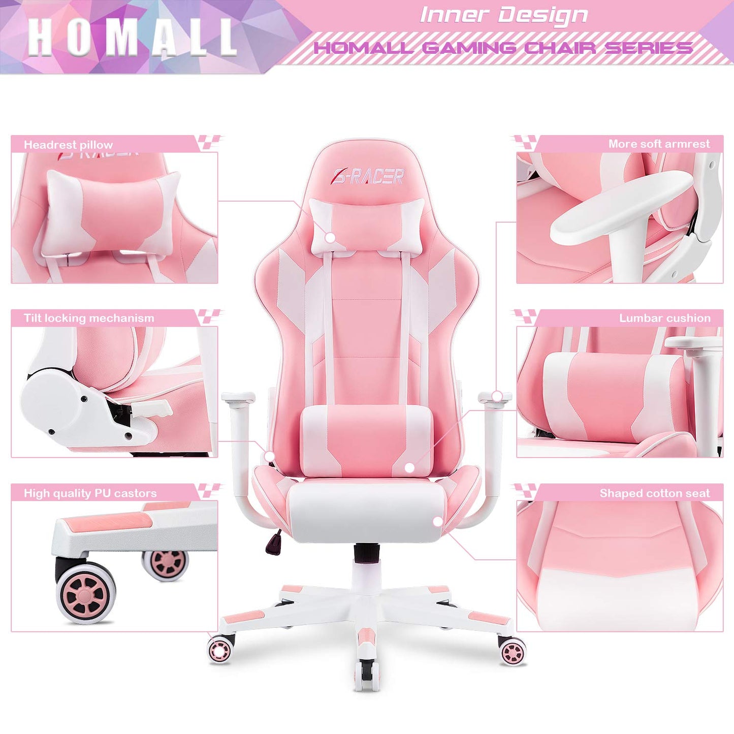 Homall Gaming Chair, Office Chair High Back Computer Chair Leather Desk Chair Racing Executive Ergonomic Adjustable Swivel Task Chair with Headrest and Lumbar Support (White) - Gapo Goods -