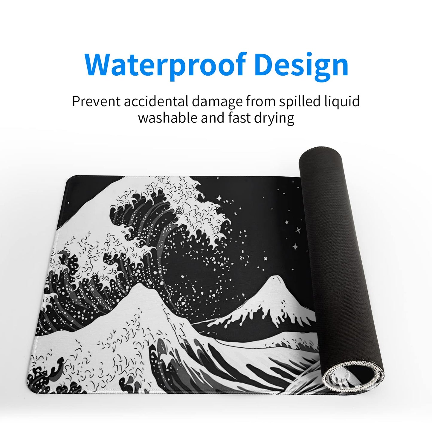 Japanese Gaming Mouse Pad Abstract Black Mouse Pad 31.5x11.8 Inch Black Sea Wave Texture Non-Slip Rubber Base Large Ocean Mousepad Stitched Edges Keyboard Mouse Mat Desk Pad for Office and Home