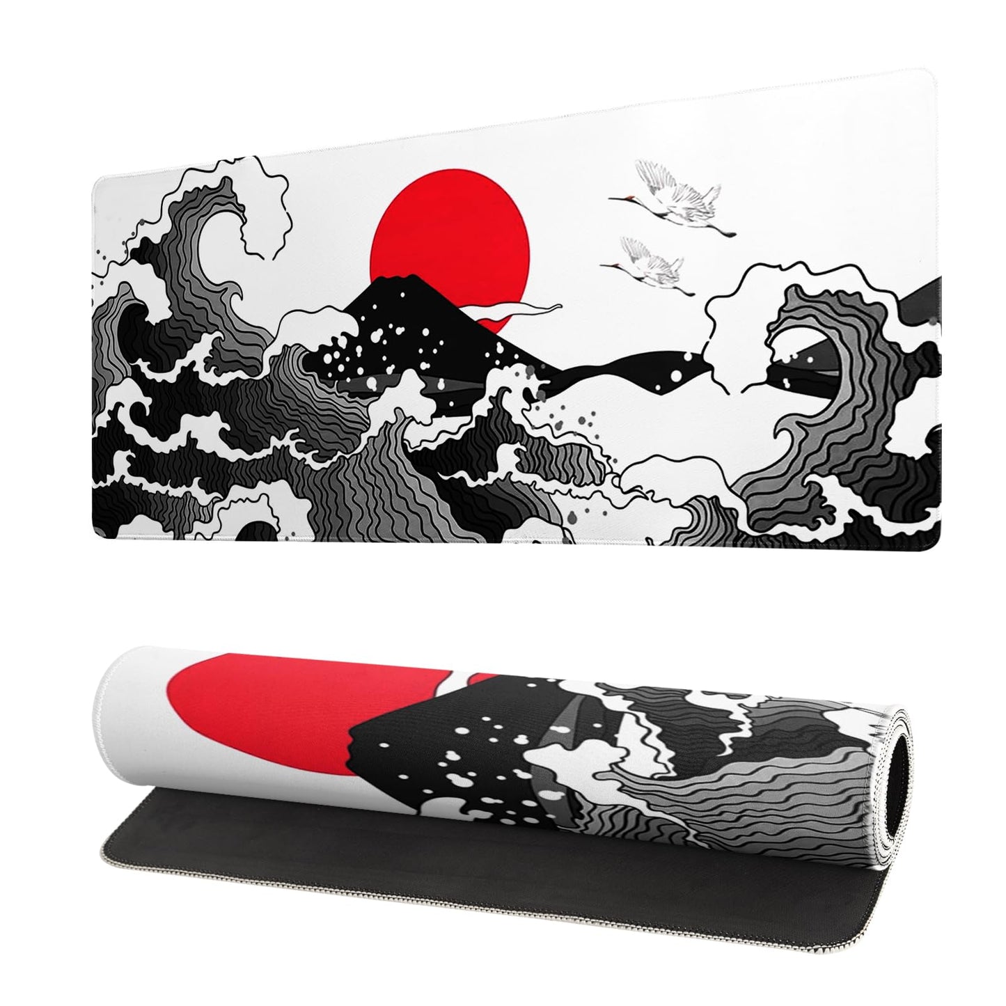 Mountain Gaming Mouse Pad 27.6x11.8 Inch Forest Large Mousepad Extended Grey Mousepad Gaming Non-Slip Rubber Base Stitched Edges Keyboard Mouse Mat Desk Pad for Office Home and Game Japanese Red and Black Wave