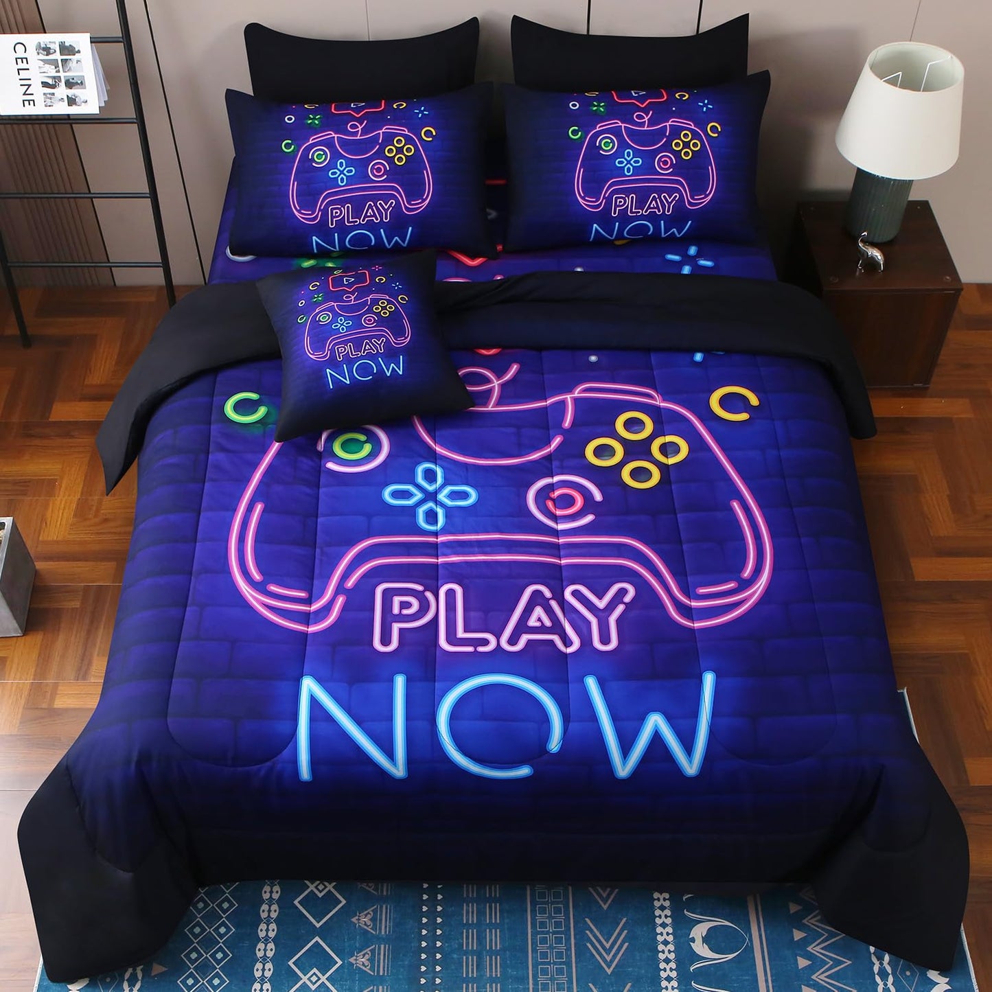 JQinHome Full Gamer Comforter Set,6 Piece Bed in A Bag 3D Video Game Bedding -All Season Down Alternative Gamer Bedding Sets - (Blue Game Controller)