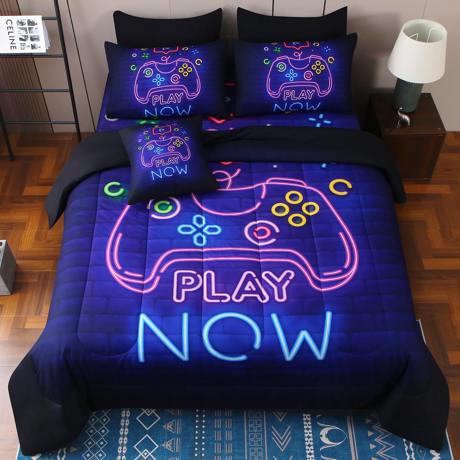 JQinHome Full Gamer Comforter Set,6 Piece Bed in A Bag 3D Video Game Bedding -All Season Down Alternative Gamer Bedding Sets - (Blue Game Controller) Purple(printed Sheets)