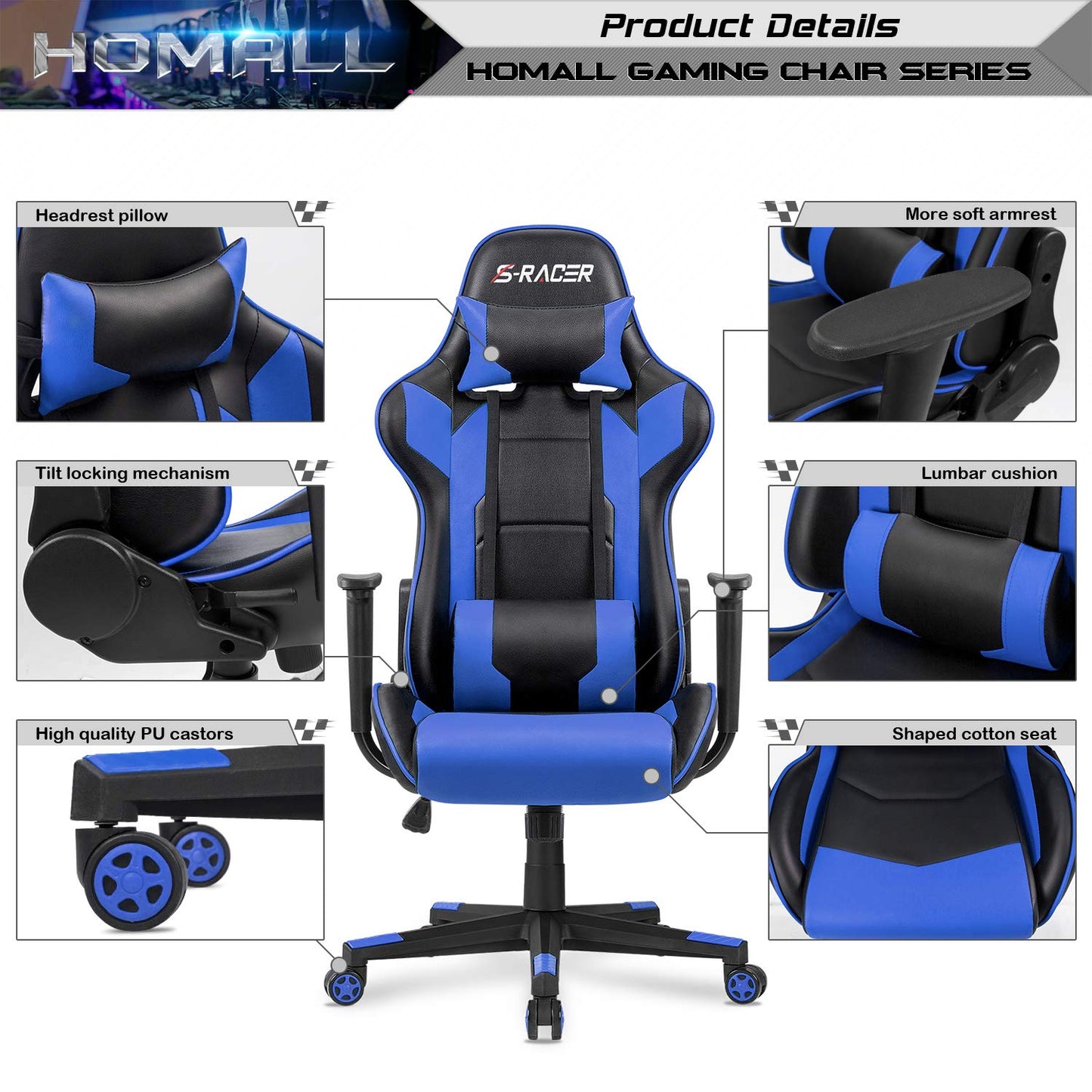 Homall Gaming Chair, Office Chair High Back Computer Chair Leather Desk Chair Racing Executive Ergonomic Adjustable Swivel Task Chair with Headrest and Lumbar Support (White) - Gapo Goods -