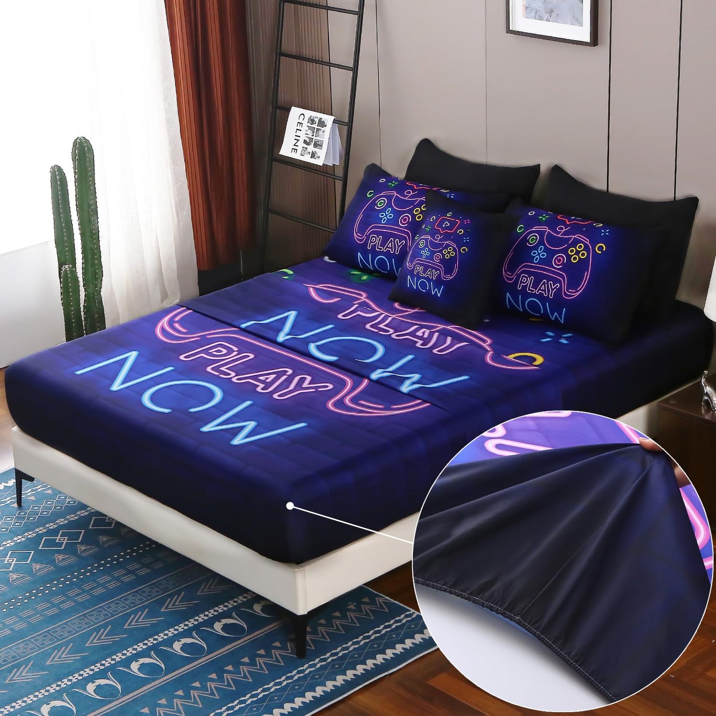 JQinHome Full Gamer Comforter Set,6 Piece Bed in A Bag 3D Video Game Bedding -All Season Down Alternative Gamer Bedding Sets - (Blue Game Controller)