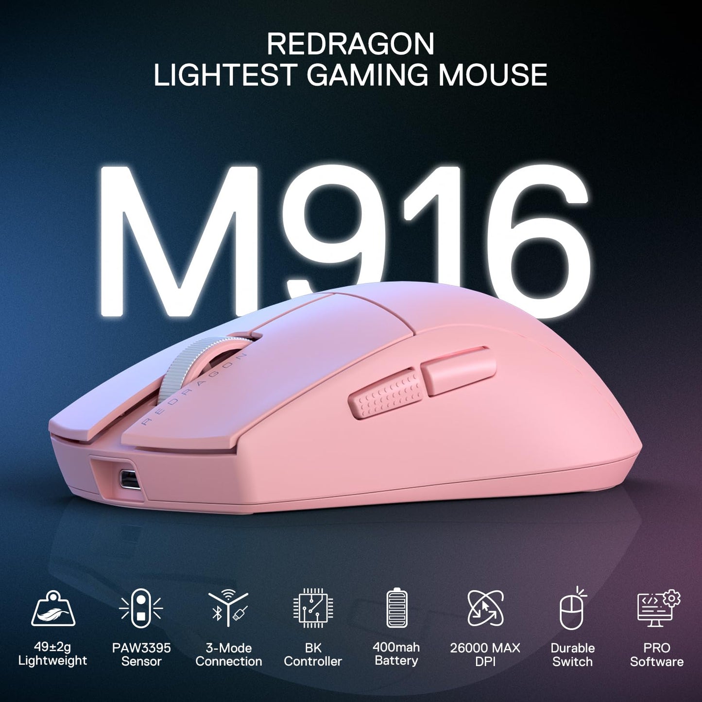 Redragon M916AK PRO 3-Mode Anime Gaming Mouse, 42G Ultra-Light 26K DPI Gaming Mouse w/Ergonomic Natural Grip Build, Full Programmable Buttons, Software Supports DIY Keybinds & DPI