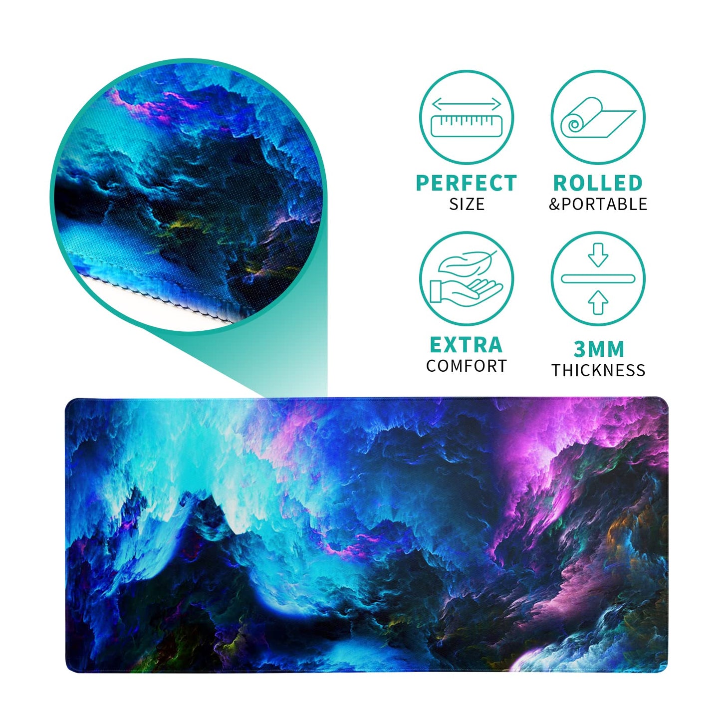 Japanese Gaming Mouse Pad Abstract Black Mouse Pad 31.5x11.8 Inch Black Sea Wave Texture Non-Slip Rubber Base Large Ocean Mousepad Stitched Edges Keyboard Mouse Mat Desk Pad for Office and Home