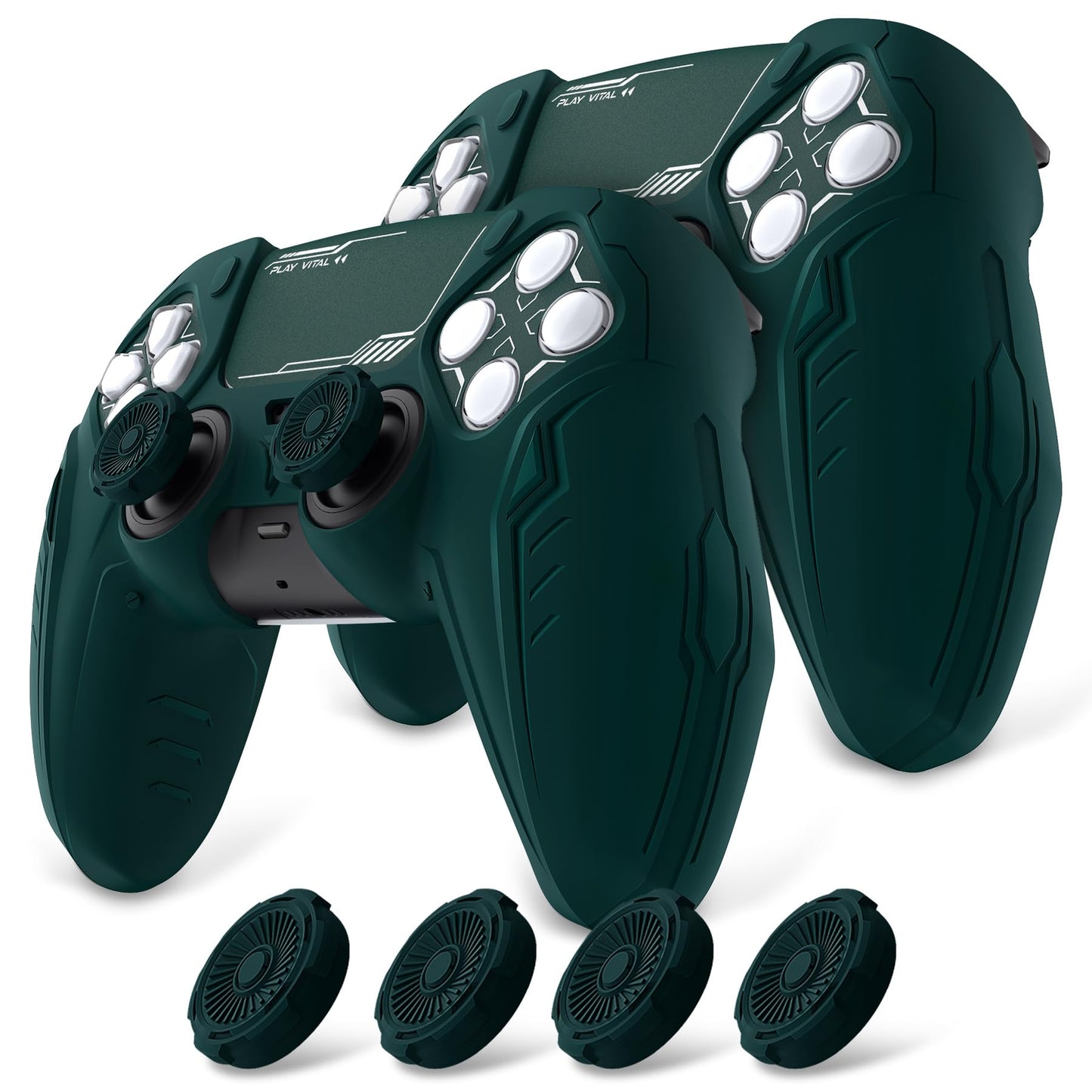PlayVital Silicone Skin Set for PS5 Controller - Charging Dock Compatible, Full Protection Case with Futuristic CyberMech Design, Soft Cover with Thumb Grips & Stickers - Racing Green