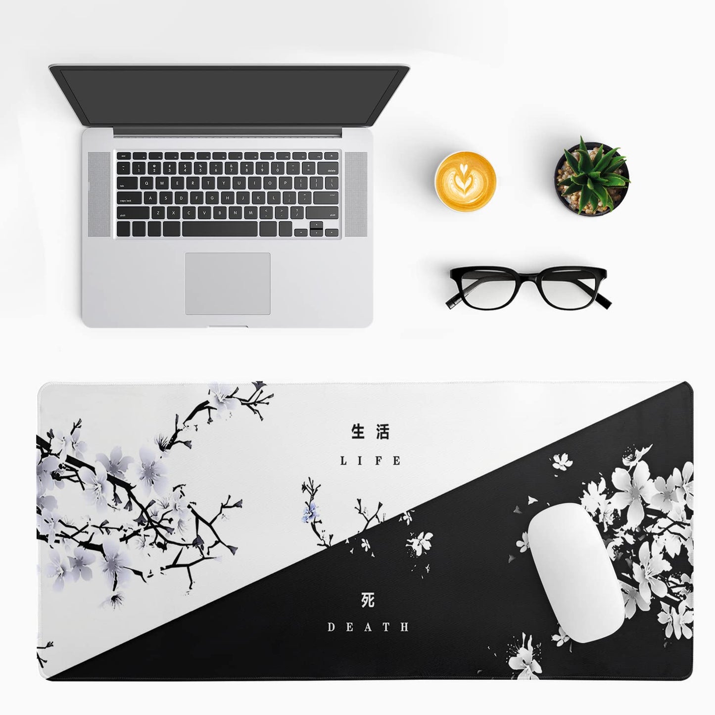 Japanese Gaming Mouse Pad Abstract Black Mouse Pad 31.5x11.8 Inch Black Sea Wave Texture Non-Slip Rubber Base Large Ocean Mousepad Stitched Edges Keyboard Mouse Mat Desk Pad for Office and Home