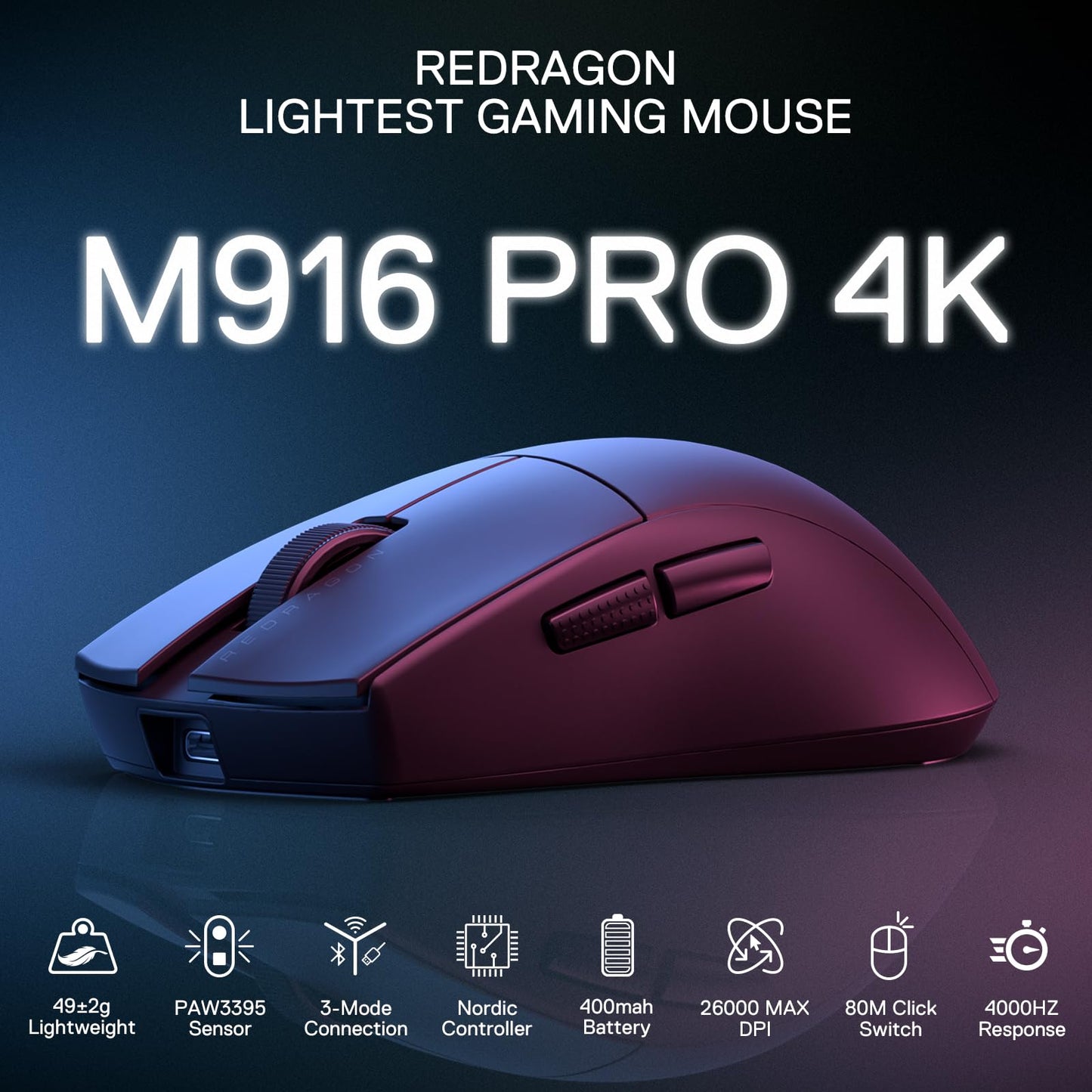 Redragon M916AK PRO 3-Mode Anime Gaming Mouse, 42G Ultra-Light 26K DPI Gaming Mouse w/Ergonomic Natural Grip Build, Full Programmable Buttons, Software Supports DIY Keybinds & DPI