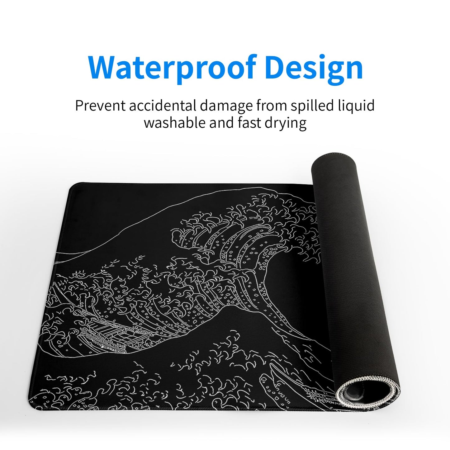 Japanese Gaming Mouse Pad Abstract Black Mouse Pad 31.5x11.8 Inch Black Sea Wave Texture Non-Slip Rubber Base Large Ocean Mousepad Stitched Edges Keyboard Mouse Mat Desk Pad for Office and Home