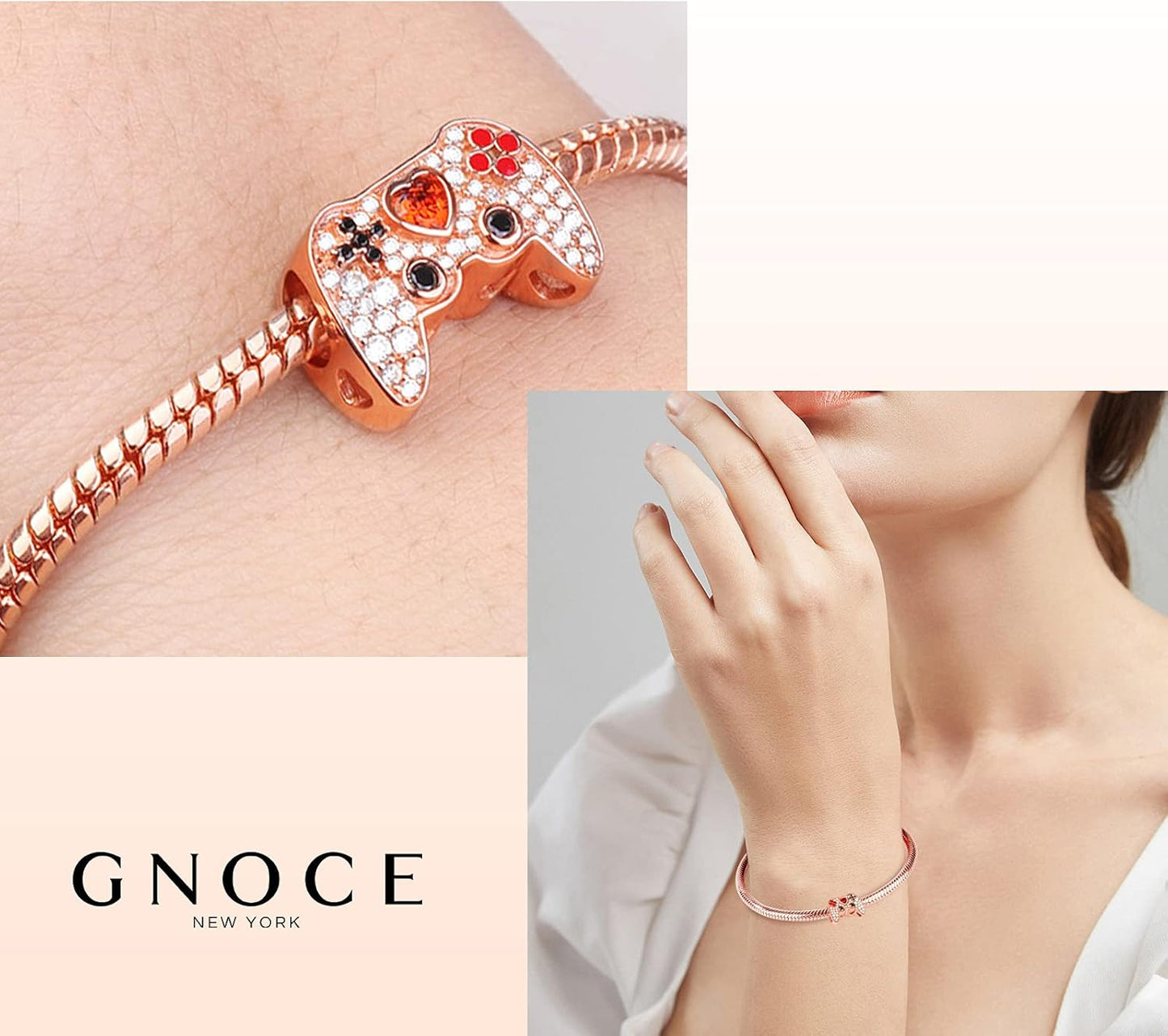 GNOCE Gamepad Charm Bead Sterling Silver Game Player Rose Gold Charms with CZs fit Bracelet/Necklace Jewery Gift for Women