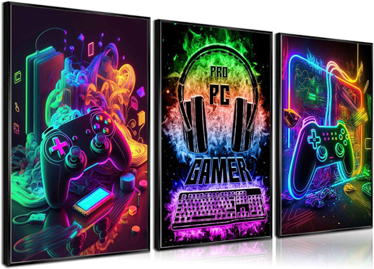 3Pcs Cool Gaming Wall Art Retro Video Game watercolor Posters Pictures Colorful Neon Gamepad Canvas Painting Prints for Boys Room Kids Game Room Bedroom for Boys Home Decoration 12x16in Unframed Gamer Wall Art 12"x16"x3 pcs poster