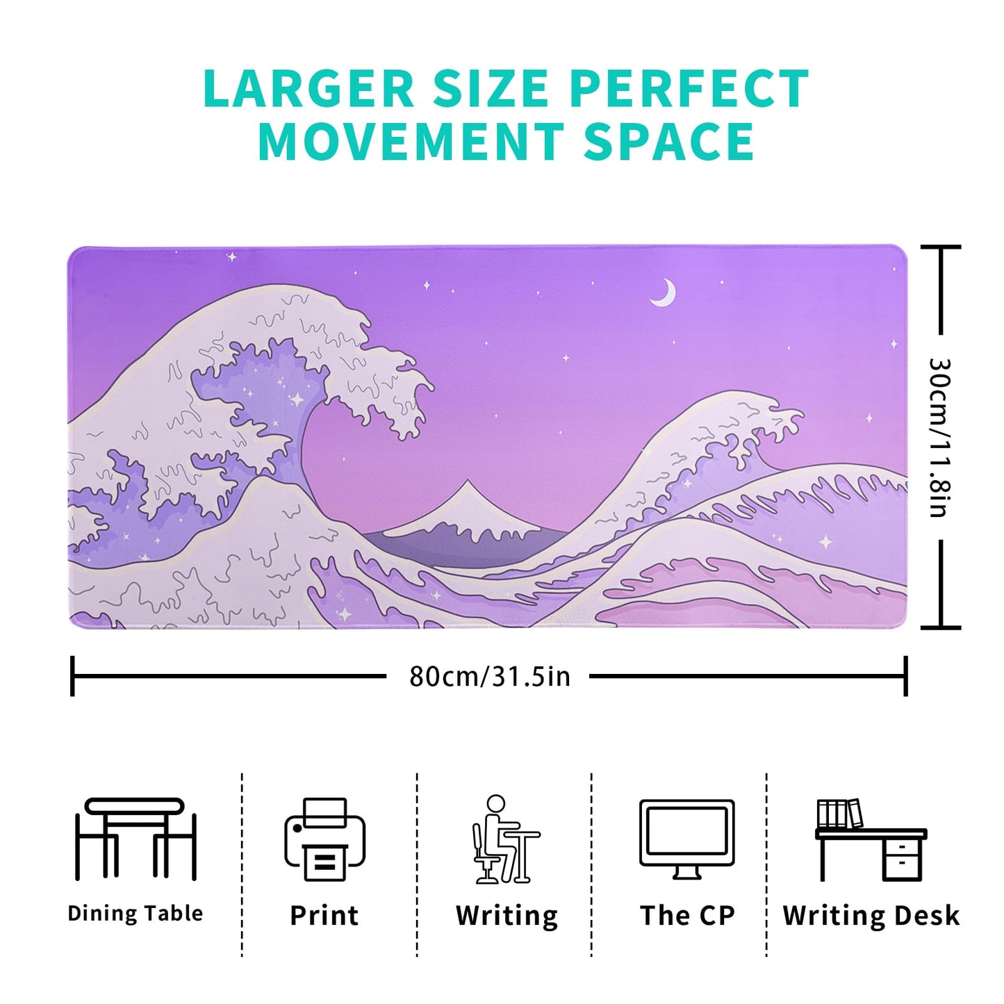 Japanese Gaming Mouse Pad Abstract Black Mouse Pad 31.5x11.8 Inch Black Sea Wave Texture Non-Slip Rubber Base Large Ocean Mousepad Stitched Edges Keyboard Mouse Mat Desk Pad for Office and Home