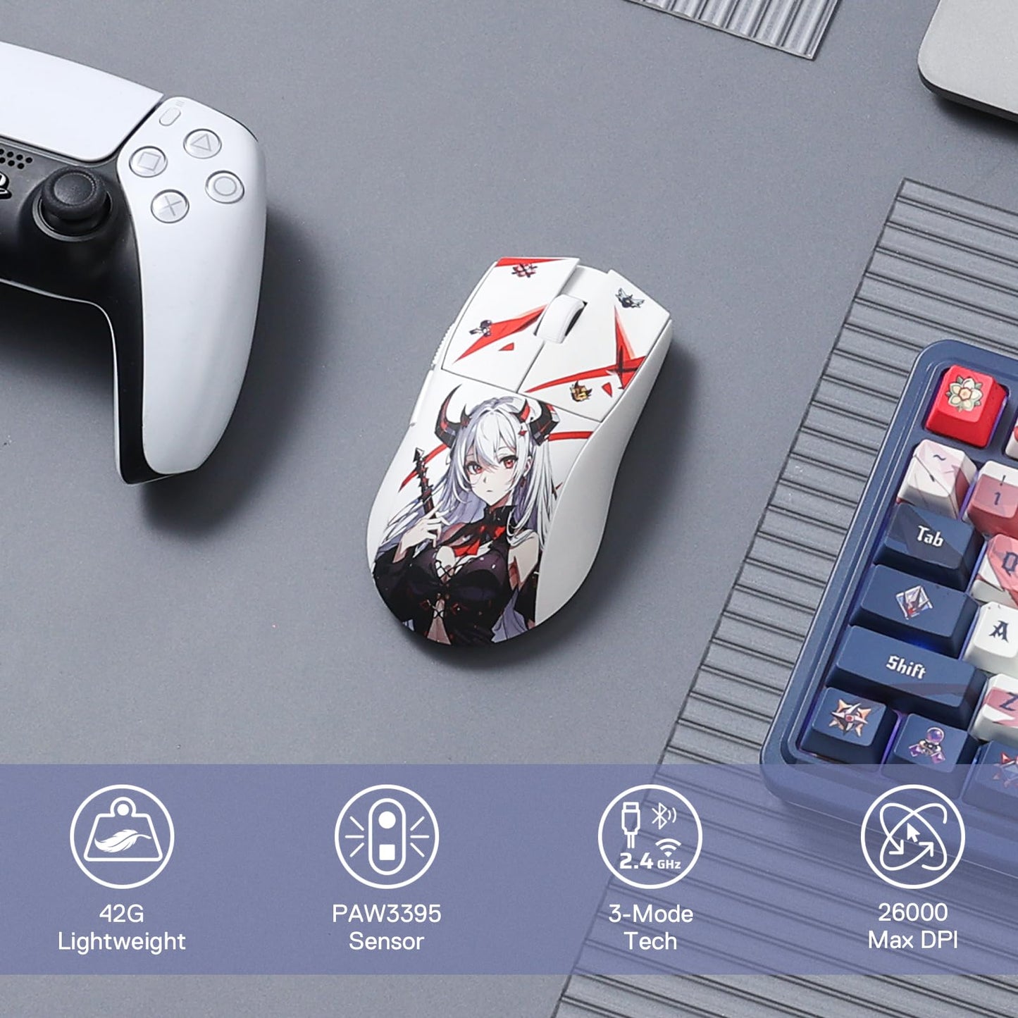Redragon M916AK PRO 3-Mode Anime Gaming Mouse, 42G Ultra-Light 26K DPI Gaming Mouse w/Ergonomic Natural Grip Build, Full Programmable Buttons, Software Supports DIY Keybinds & DPI