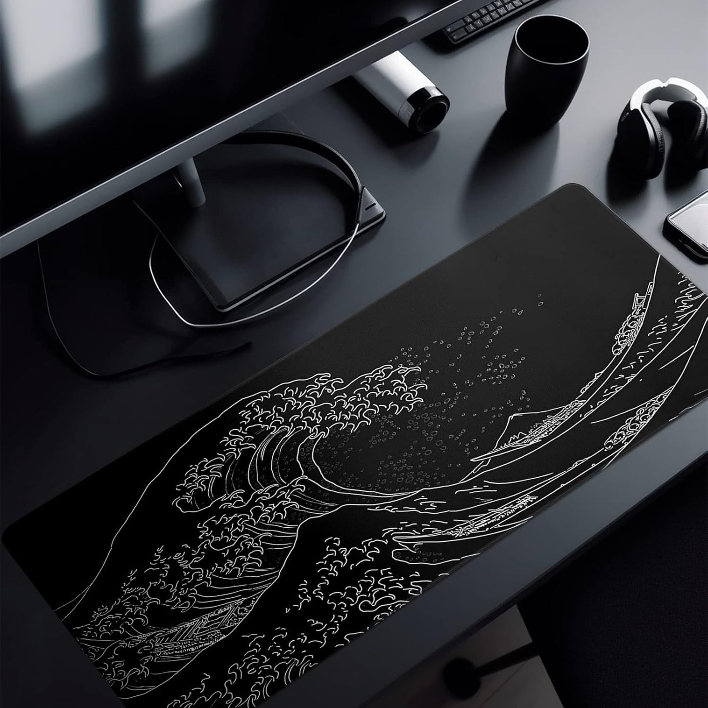 Japanese Gaming Mouse Pad Abstract Black Mouse Pad 31.5x11.8 Inch Black Sea Wave Texture Non-Slip Rubber Base Large Ocean Mousepad Stitched Edges Keyboard Mouse Mat Desk Pad for Office and Home