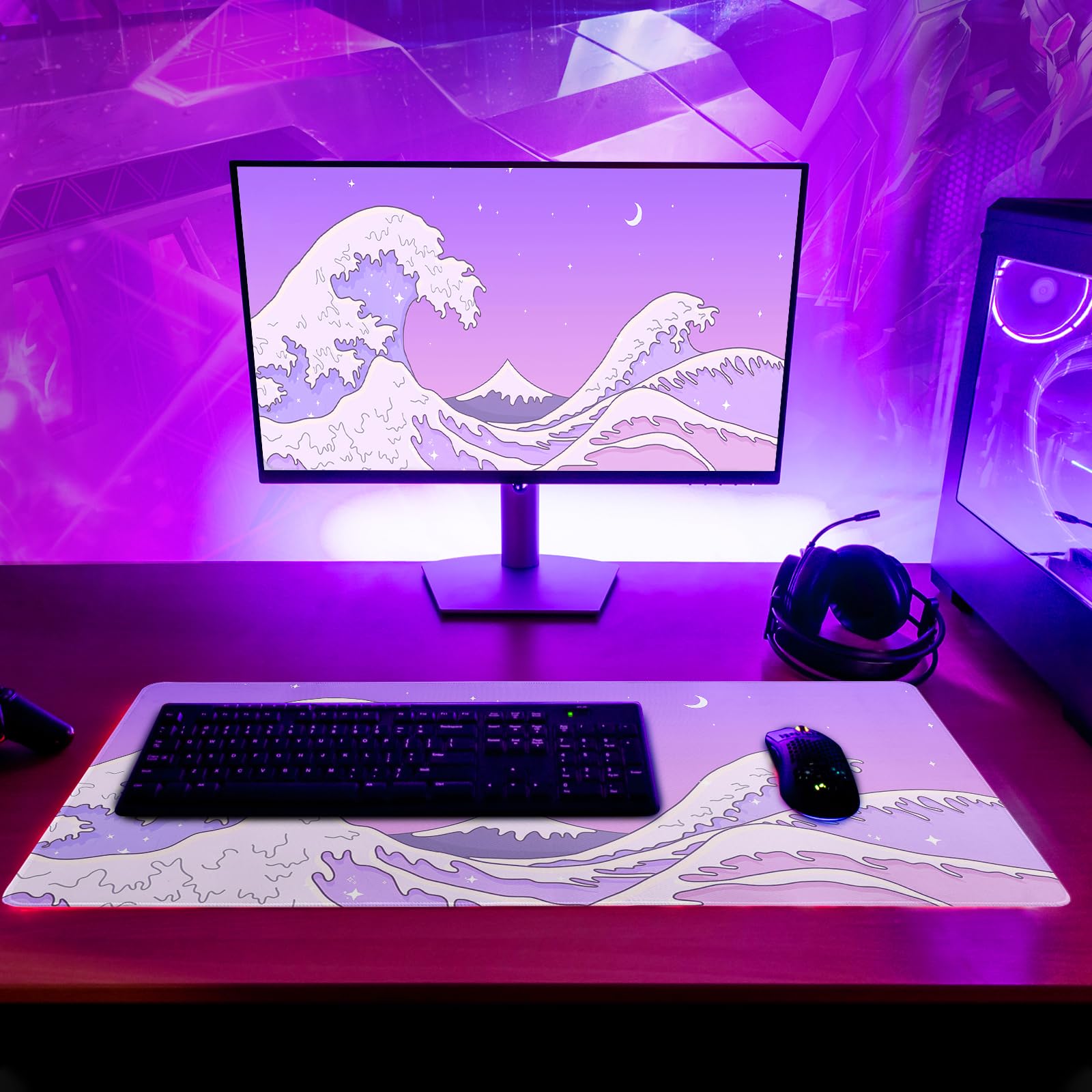 Gaming Mouse Pad – Large Non Slip Mouse Mat with Sea Wave Design, 31.5x11.8 Inch Mousepad