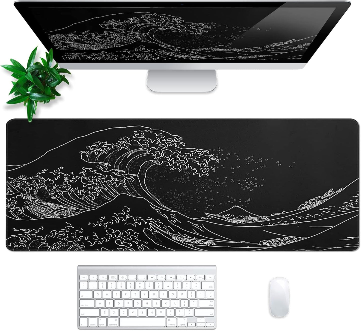 Japanese Gaming Mouse Pad Abstract Black Mouse Pad 31.5x11.8 Inch Black Sea Wave Texture Non-Slip Rubber Base Large Ocean Mousepad Stitched Edges Keyboard Mouse Mat Desk Pad for Office and Home