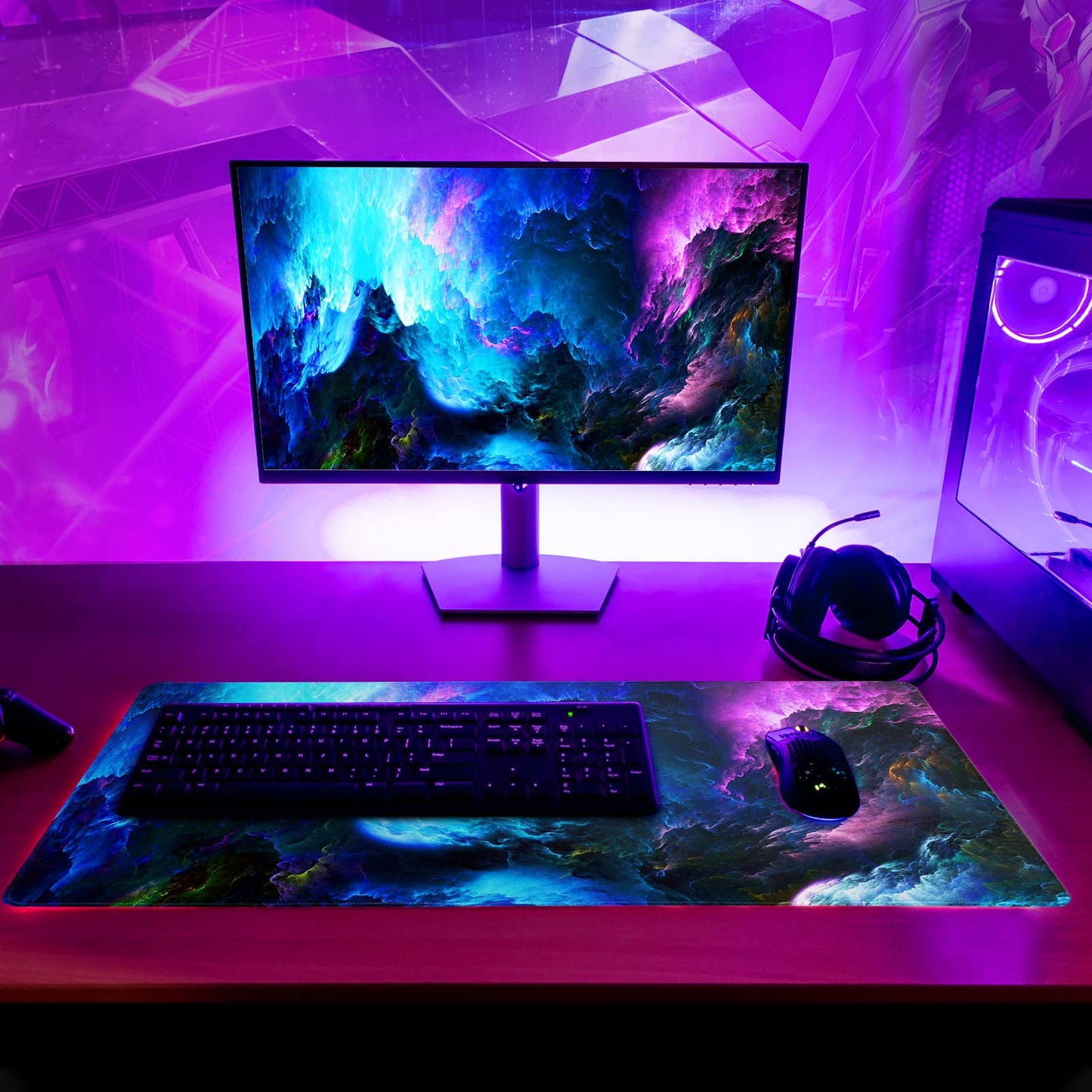 Japanese Gaming Mouse Pad Abstract Black Mouse Pad 31.5x11.8 Inch Black Sea Wave Texture Non-Slip Rubber Base Large Ocean Mousepad Stitched Edges Keyboard Mouse Mat Desk Pad for Office and Home