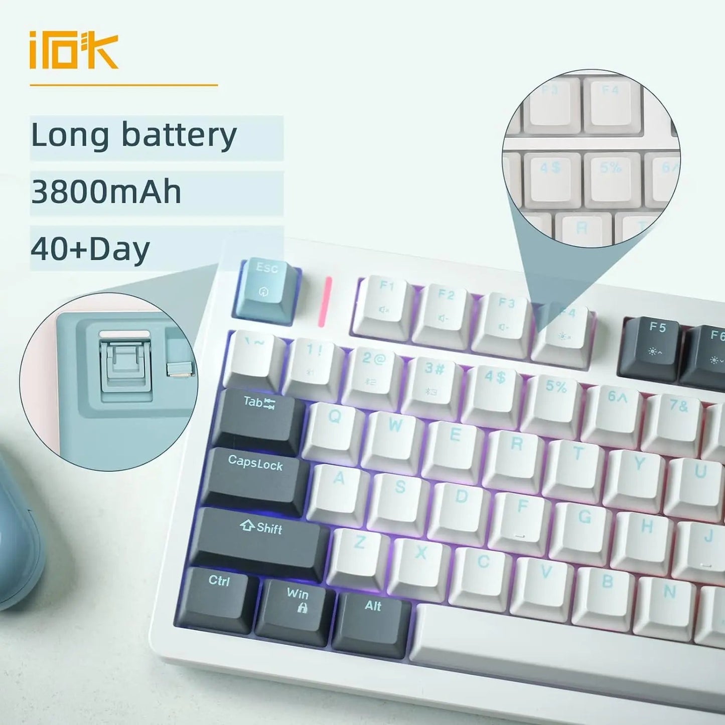IROK FE75Pro Hot Swappable Mechanical Keyboard, Wireless TKL 75% RGB Customizable Backlit Gaming Keyboard, Bluetooth/2.4G/Wired for Windows PC Gamers - White/Blue - Gapo Goods -