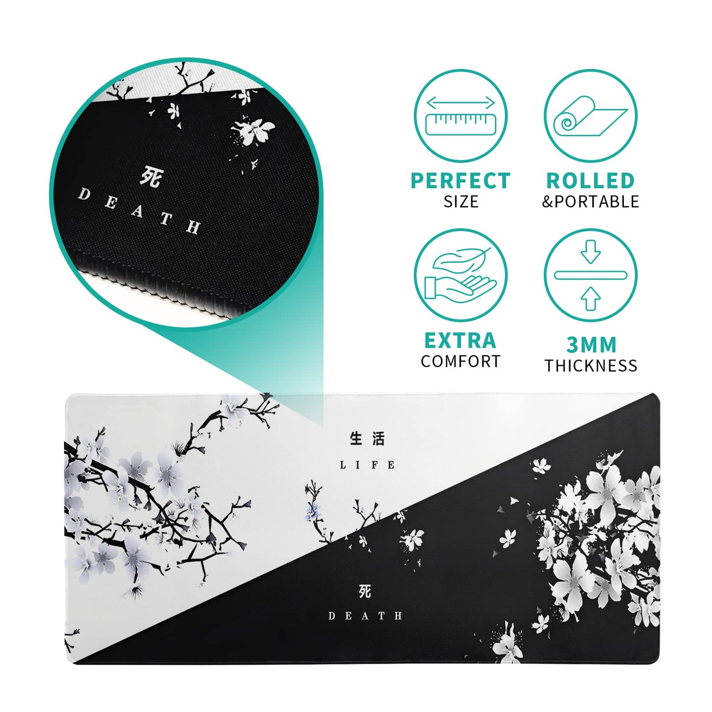 Japanese Gaming Mouse Pad Abstract Black Mouse Pad 31.5x11.8 Inch Black Sea Wave Texture Non-Slip Rubber Base Large Ocean Mousepad Stitched Edges Keyboard Mouse Mat Desk Pad for Office and Home
