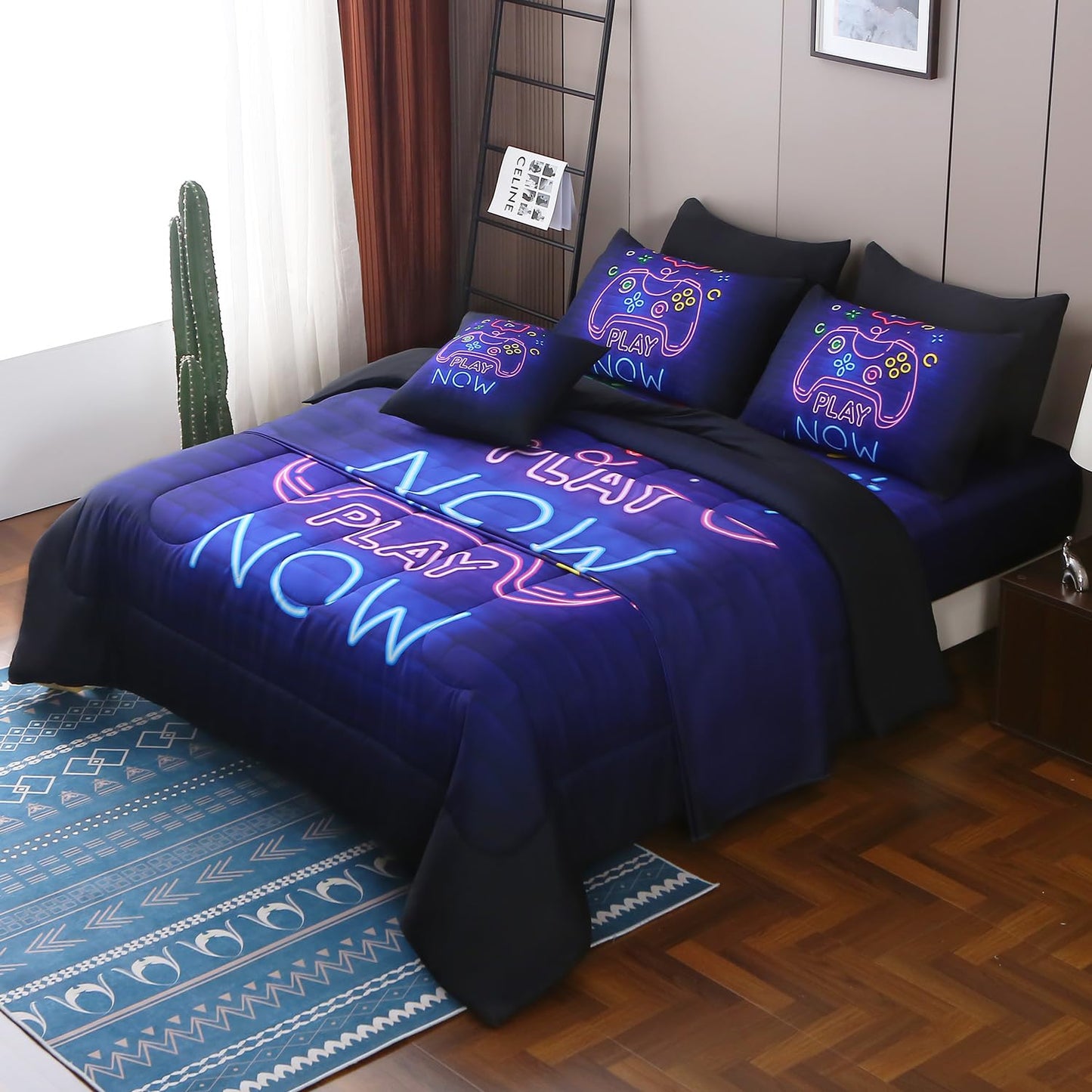 JQinHome Full Gamer Comforter Set,6 Piece Bed in A Bag 3D Video Game Bedding -All Season Down Alternative Gamer Bedding Sets - (Blue Game Controller)