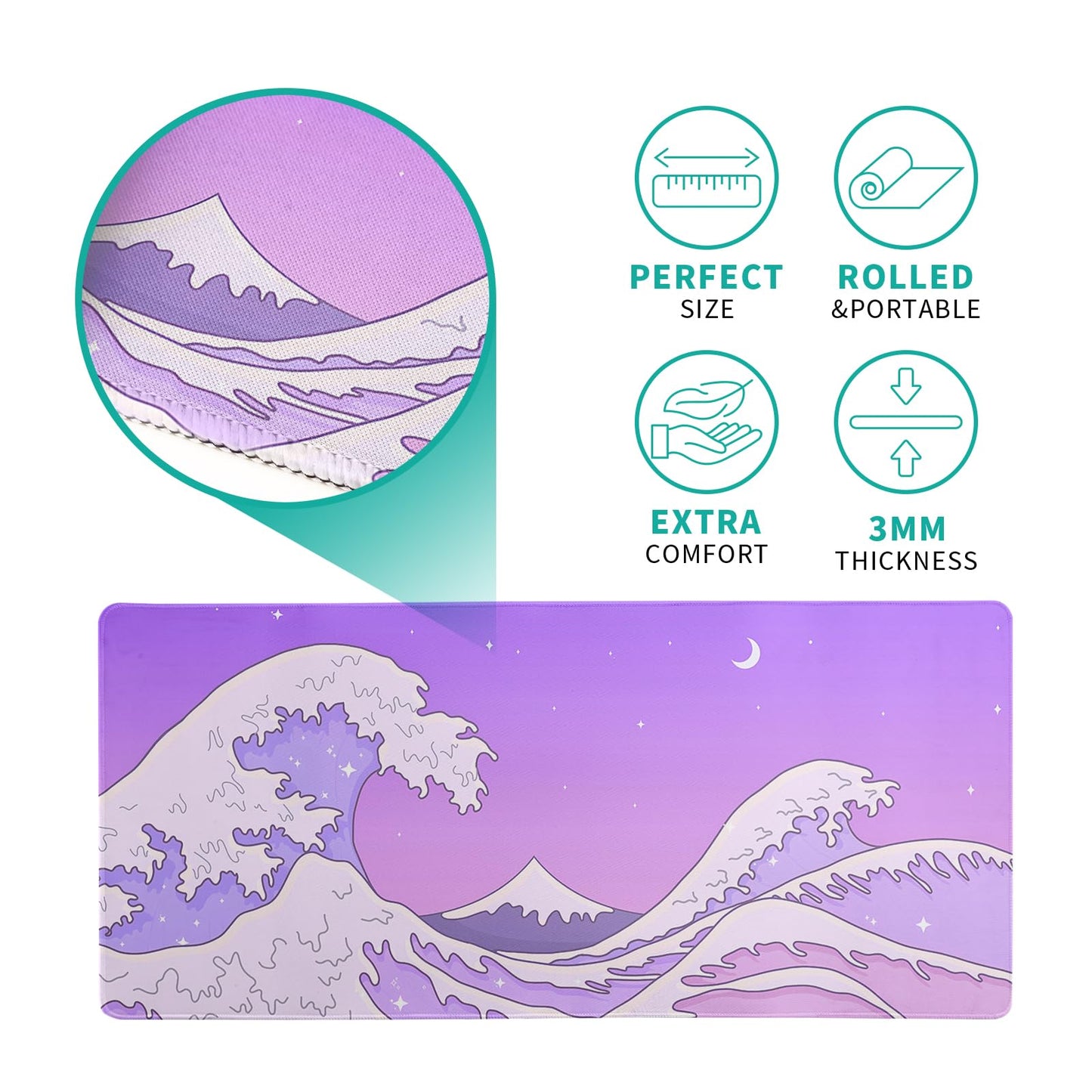 Japanese Gaming Mouse Pad Abstract Black Mouse Pad 31.5x11.8 Inch Black Sea Wave Texture Non-Slip Rubber Base Large Ocean Mousepad Stitched Edges Keyboard Mouse Mat Desk Pad for Office and Home