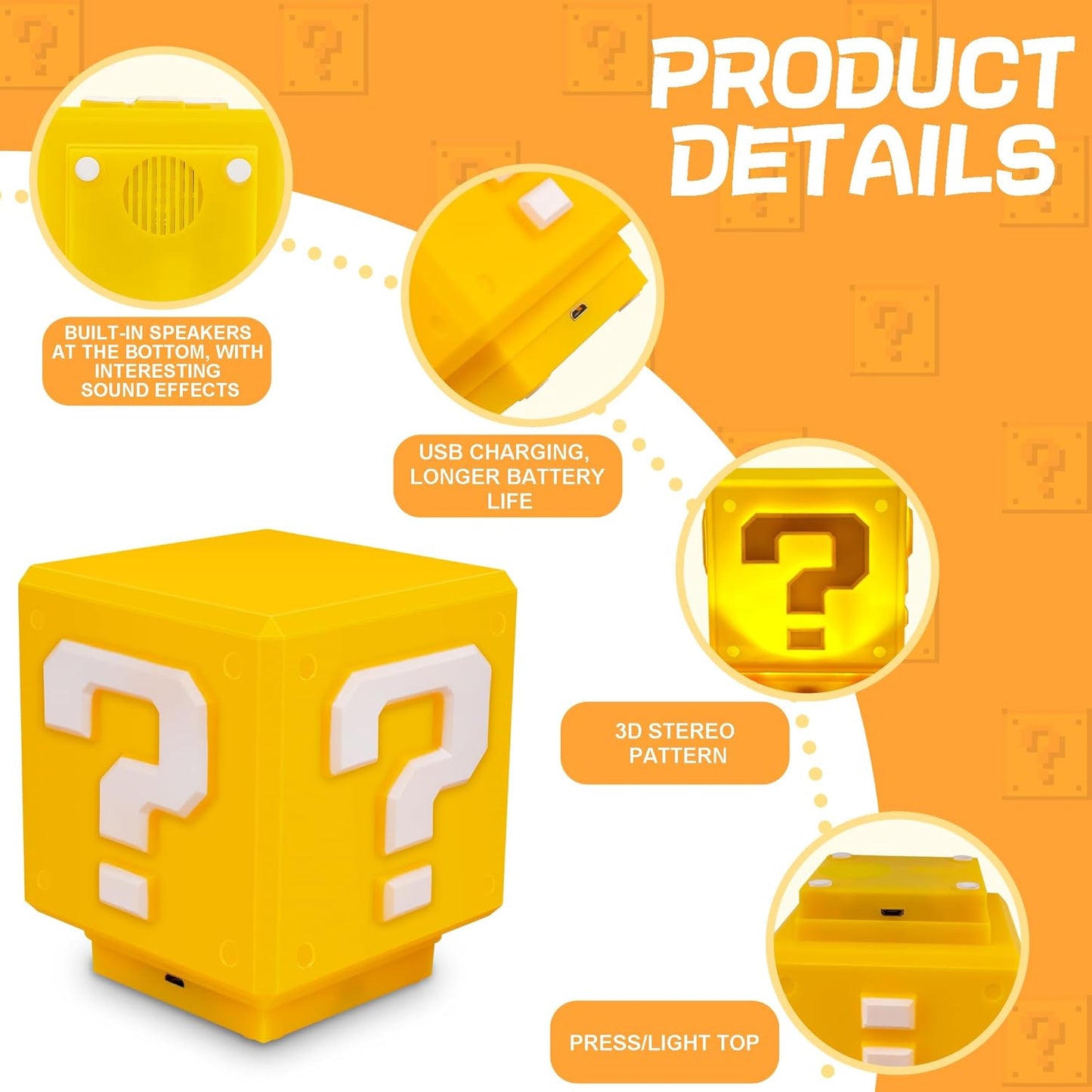 Super Bros-Mini Question Block Night Light,Bedside Lamp, Desklamp for Kids and Fans, Birthday Gift, Holiday Gift,Equipped with The Game's Same Gold Coin Sound(with USB Power Cable)