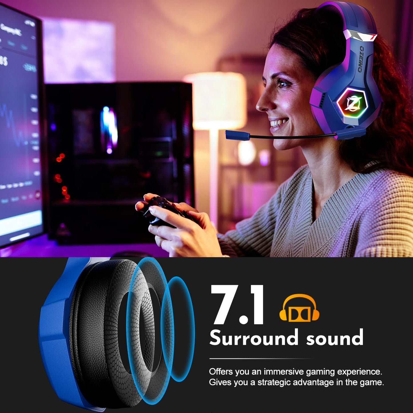 Gaming Headset PS4 Headset, Xbox Headset with 7.1 Surround Sound, Gaming Headphones with Noise Cancelling Mic RGB Light Memory Earmuffs for PC, PS5, PS4, Xbox Series X/S, Xbox one, Switch - Gapo Goods - Computer PC Gaming Accessories