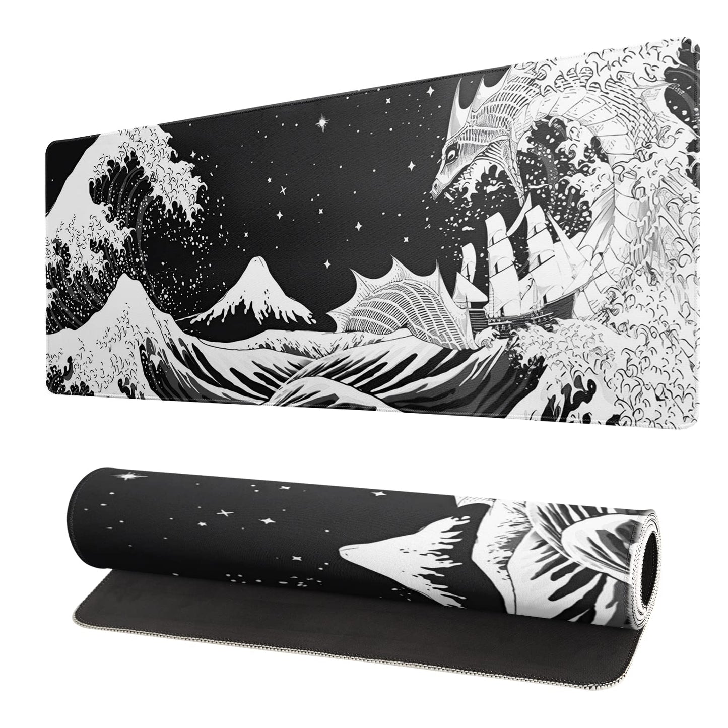 Japanese Gaming Mouse Pad Abstract Black Mouse Pad 31.5x11.8 Inch Black Sea Wave Texture Non-Slip Rubber Base Large Ocean Mousepad Stitched Edges Keyboard Mouse Mat Desk Pad for Office and Home