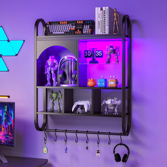 Gaming Wall Shelf - Floating LED Light Shelves with Industrial Pipe Design Home Decor