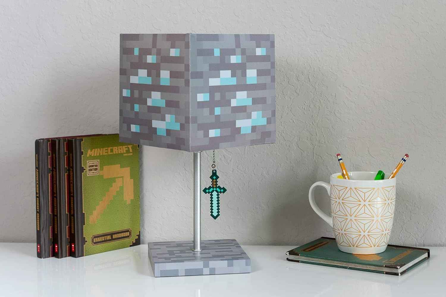 Minecraft Diamond Ore Lamp - 14-Inch LED Table Lamp with Diamond Sword Pull Chain Home Decor
