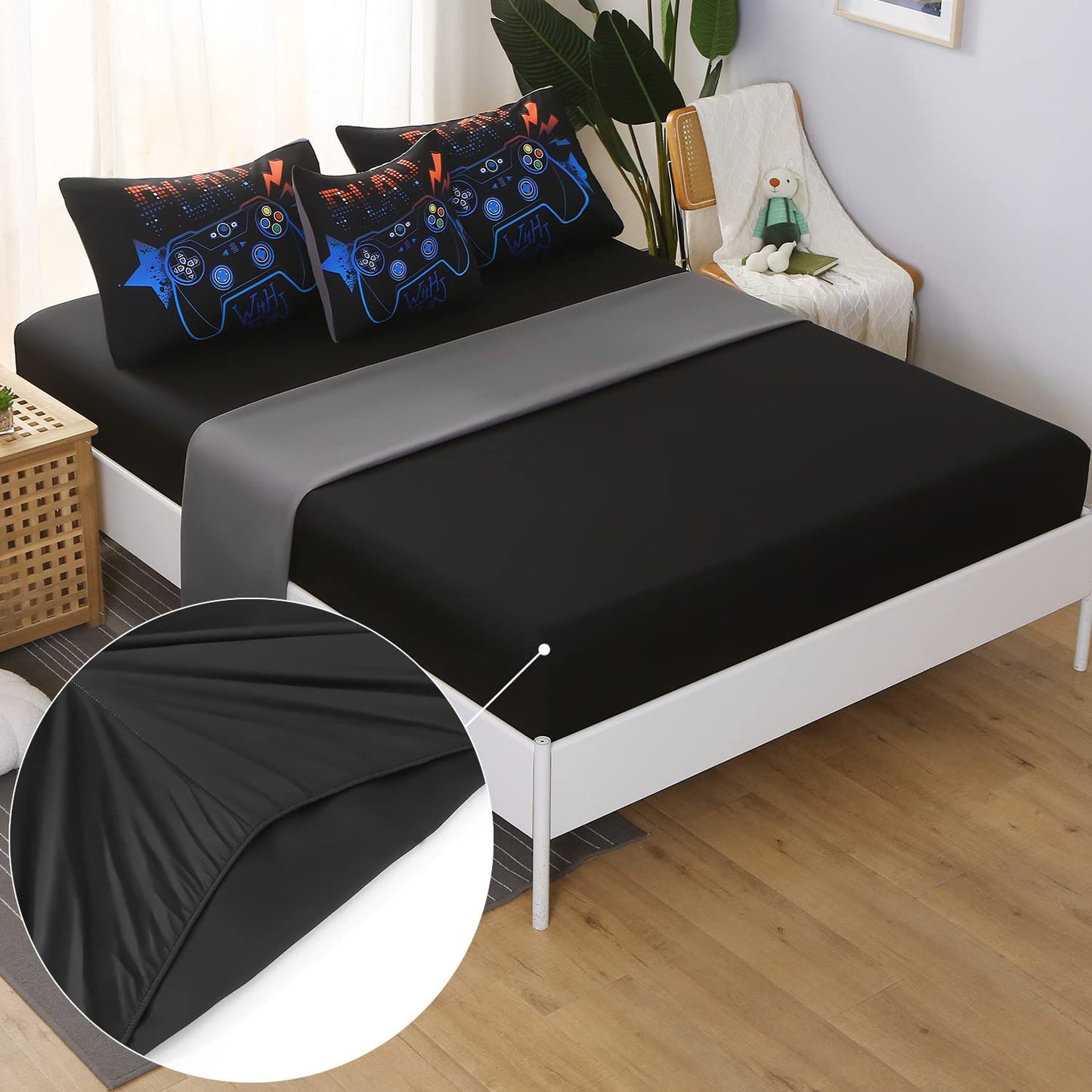 JQinHome Full Gamer Comforter Set,6 Piece Bed in A Bag 3D Video Game Bedding -All Season Down Alternative Gamer Bedding Sets - (Blue Game Controller)