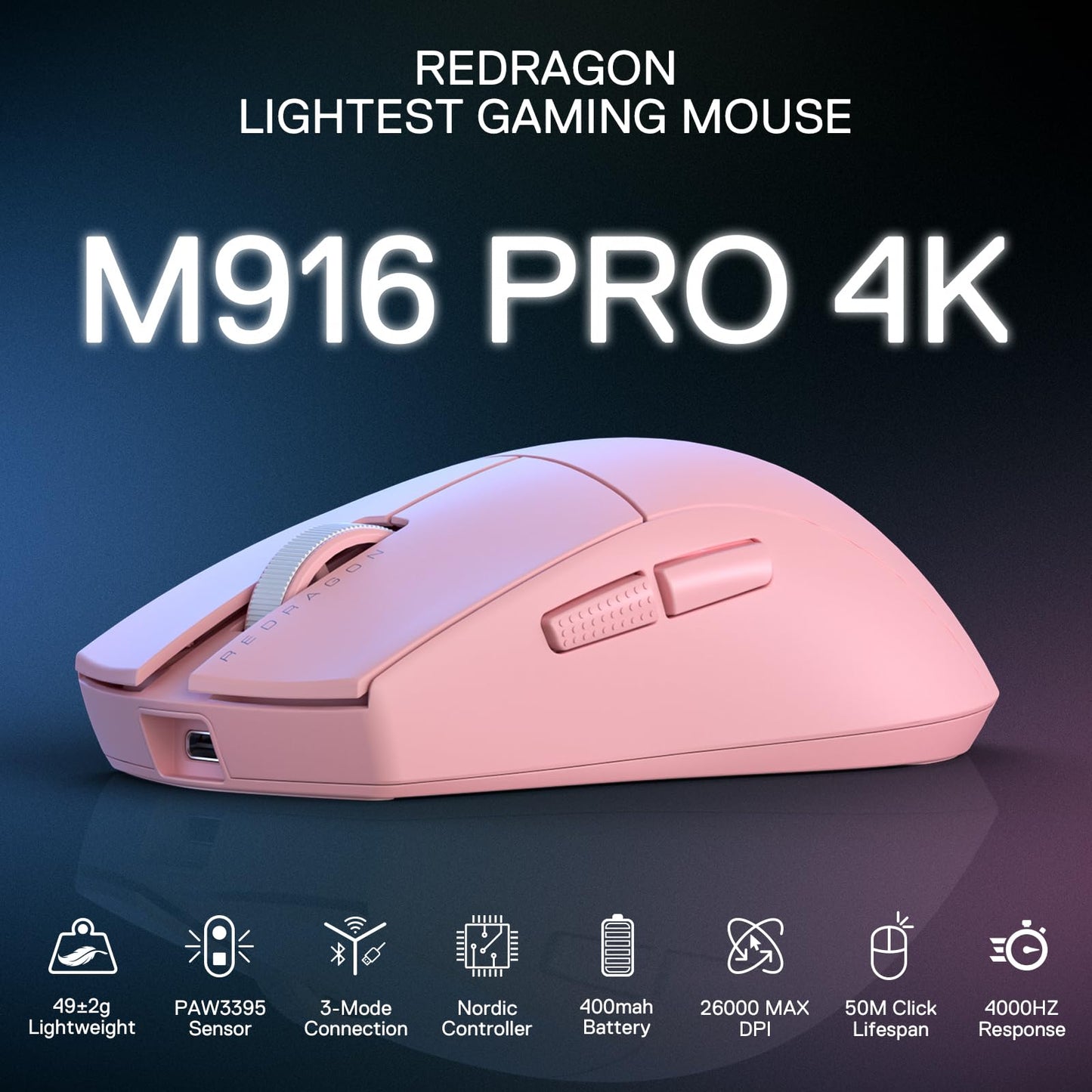 Redragon M916AK PRO 3-Mode Anime Gaming Mouse, 42G Ultra-Light 26K DPI Gaming Mouse w/Ergonomic Natural Grip Build, Full Programmable Buttons, Software Supports DIY Keybinds & DPI