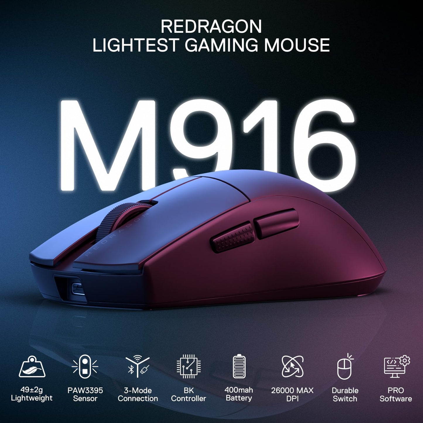 Redragon M916AK PRO 3-Mode Anime Gaming Mouse, 42G Ultra-Light 26K DPI Gaming Mouse w/Ergonomic Natural Grip Build, Full Programmable Buttons, Software Supports DIY Keybinds & DPI