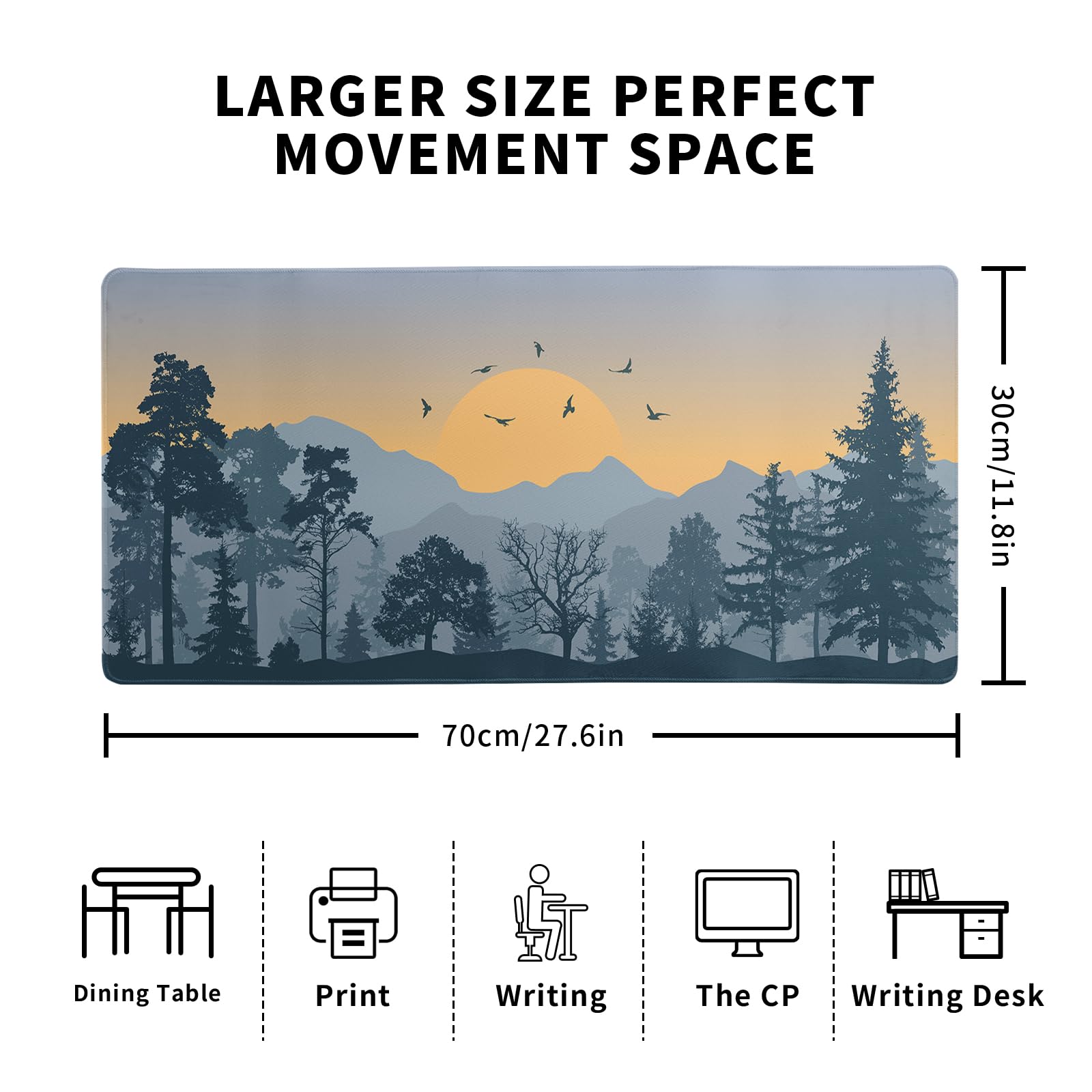 Mountain Gaming Mouse Pad 27.6x11.8 Inch Forest Large Mousepad Extended Grey Mousepad Gaming Non-Slip Rubber Base Stitched Edges Keyboard Mouse Mat Desk Pad for Office Home and Game