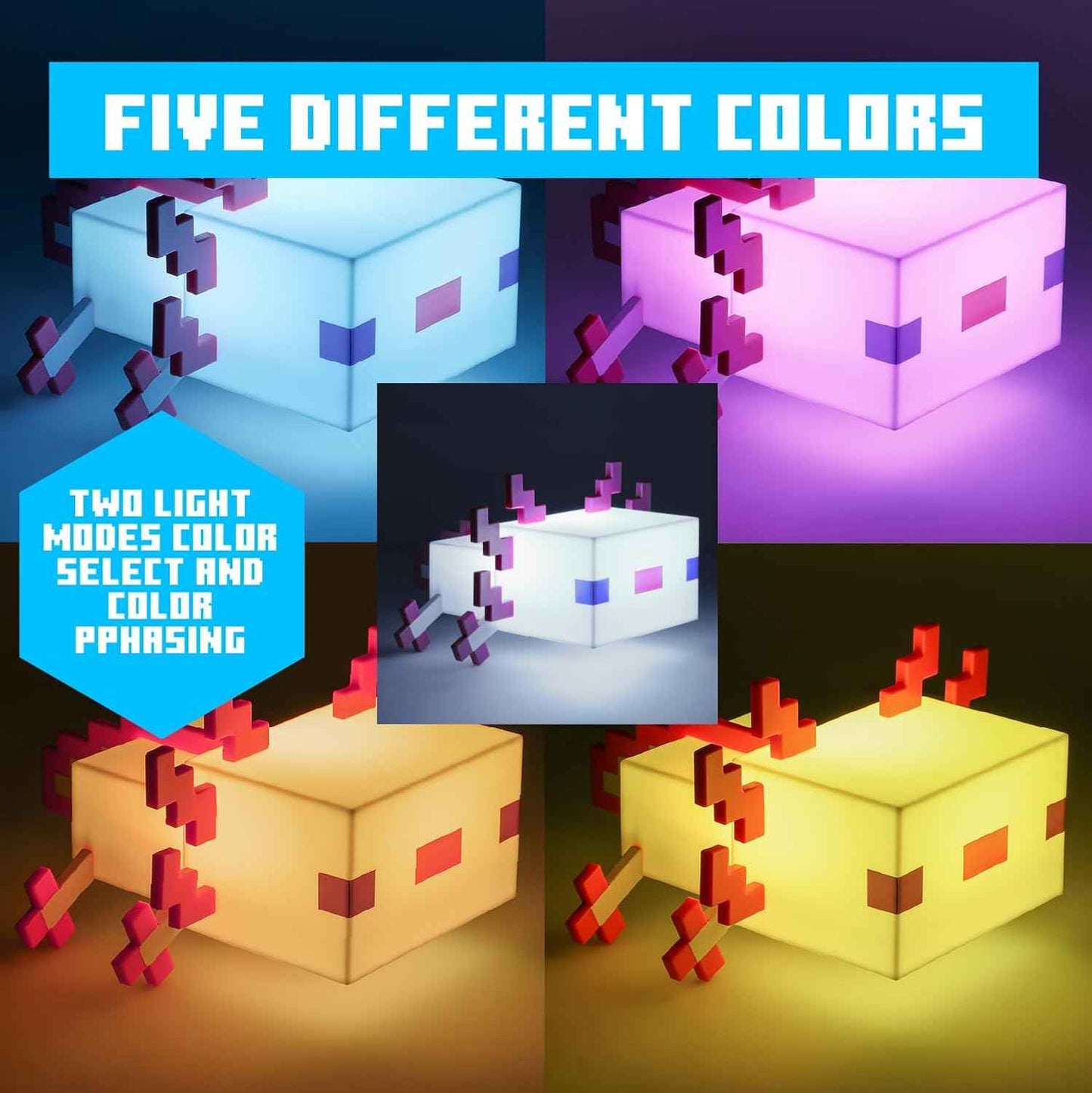 Paladone Minecraft Axolotl Light, Five Color Modes, Minecraft Lamp to Decorate Your Gaming Desk or Night Stand