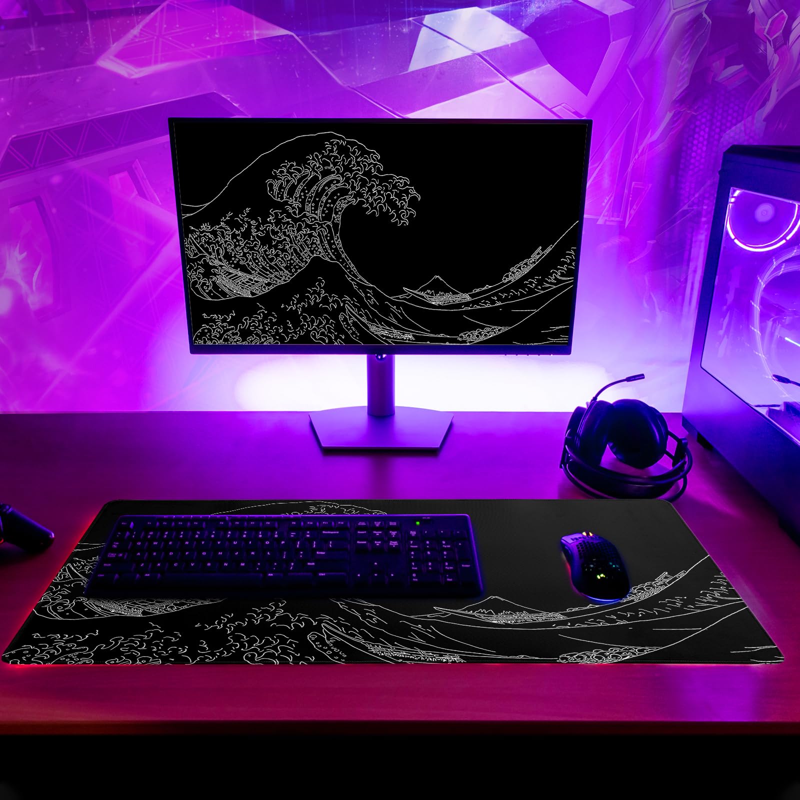 Gaming Mouse Pad – Large Non Slip Mouse Mat with Sea Wave Design, 31.5x11.8 Inch Mousepad