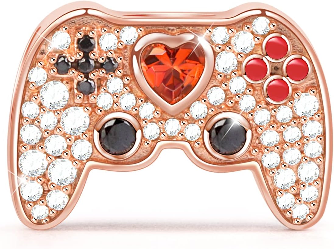 GNOCE Gamepad Charm Bead Sterling Silver Game Player Rose Gold Charms with CZs fit Bracelet/Necklace Jewery Gift for Women