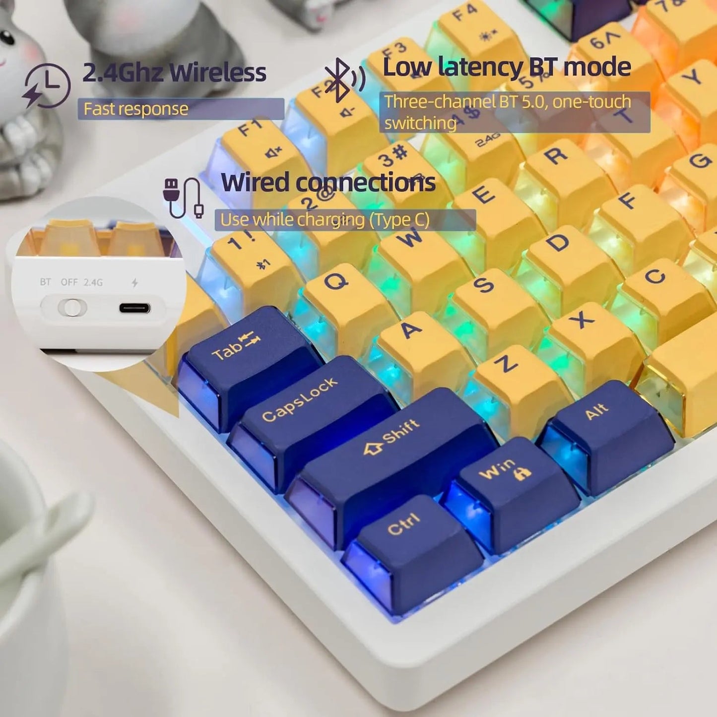 IROK FE75Pro Hot Swappable Mechanical Keyboard, Wireless TKL 75% RGB Customizable Backlit Gaming Keyboard, Bluetooth/2.4G/Wired for Windows PC Gamers - White/Blue - Gapo Goods -
